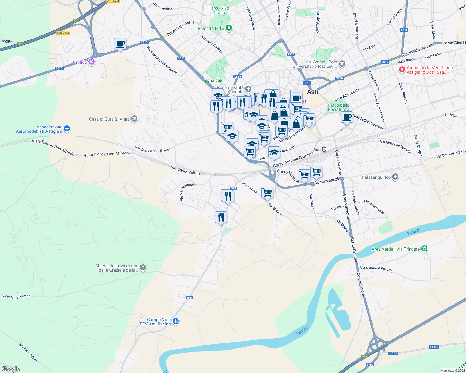 map of restaurants, bars, coffee shops, grocery stores, and more near 8-24 Corso Alba in Asti