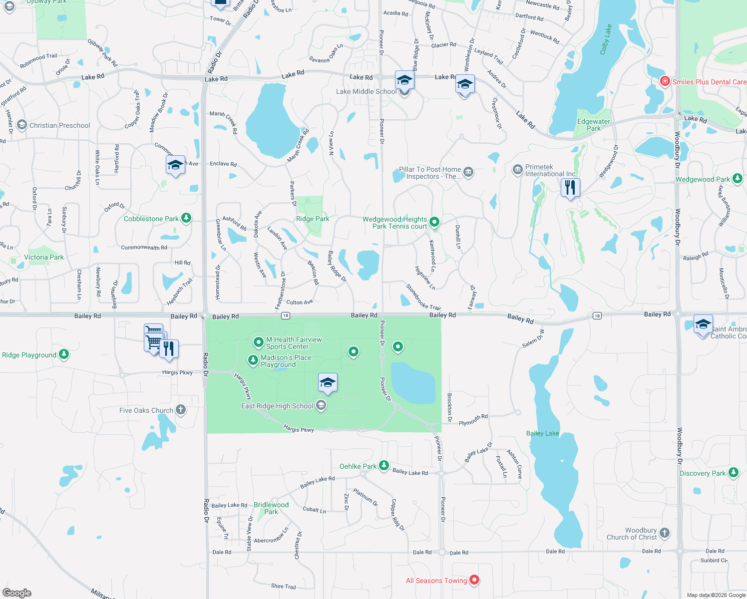 map of restaurants, bars, coffee shops, grocery stores, and more near 3951 Bailey Ridge Draw in Woodbury