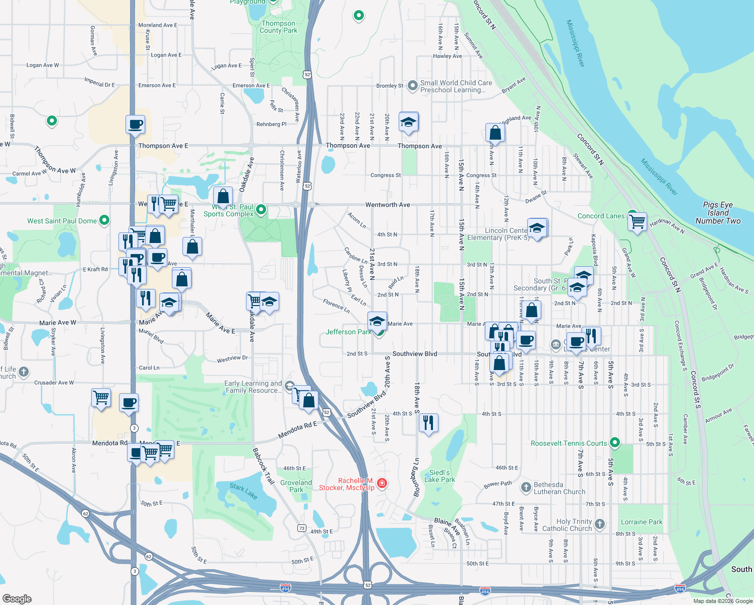 map of restaurants, bars, coffee shops, grocery stores, and more near 144 21st Avenue North in South St. Paul