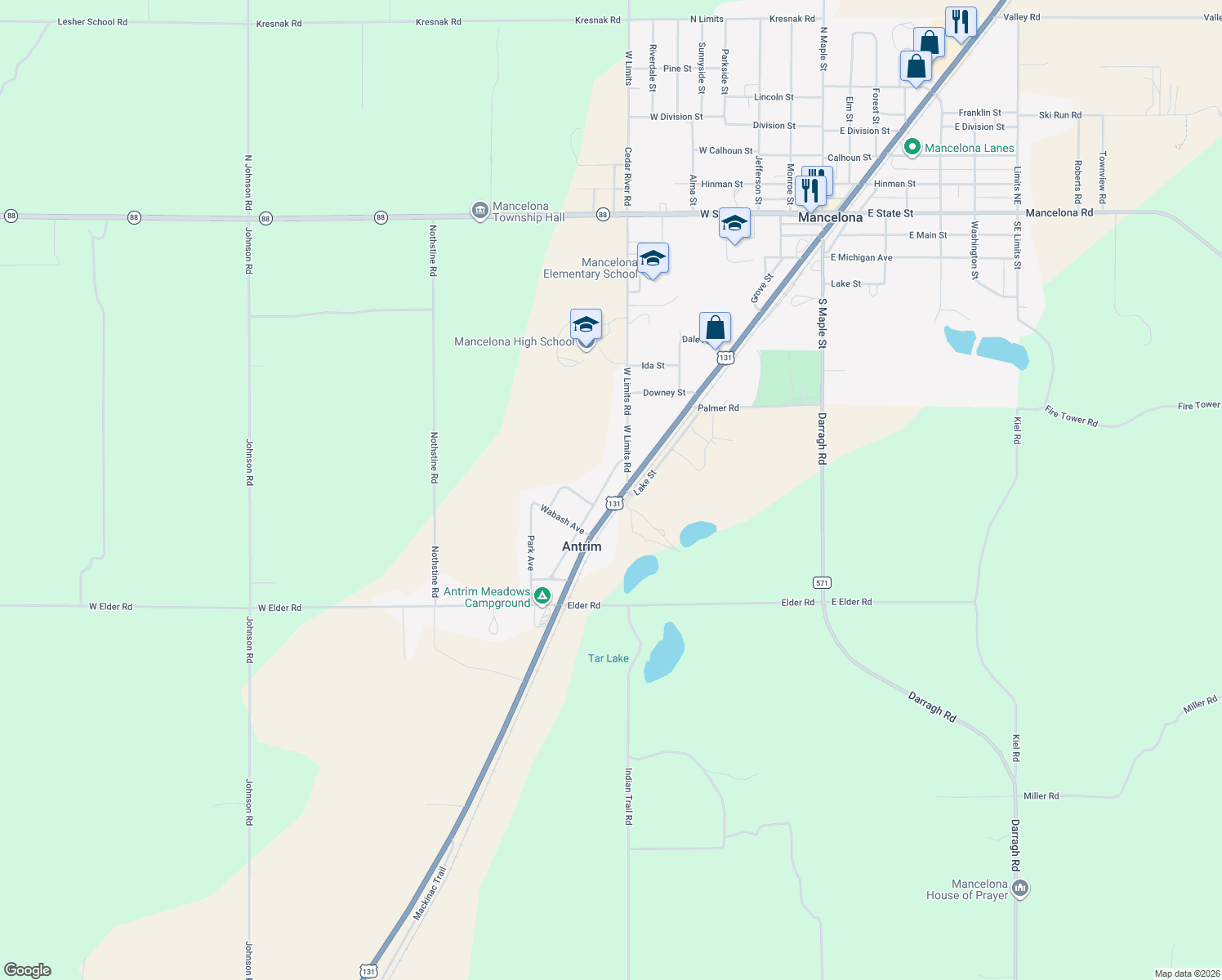 map of restaurants, bars, coffee shops, grocery stores, and more near 9702 N Front St in Mancelona