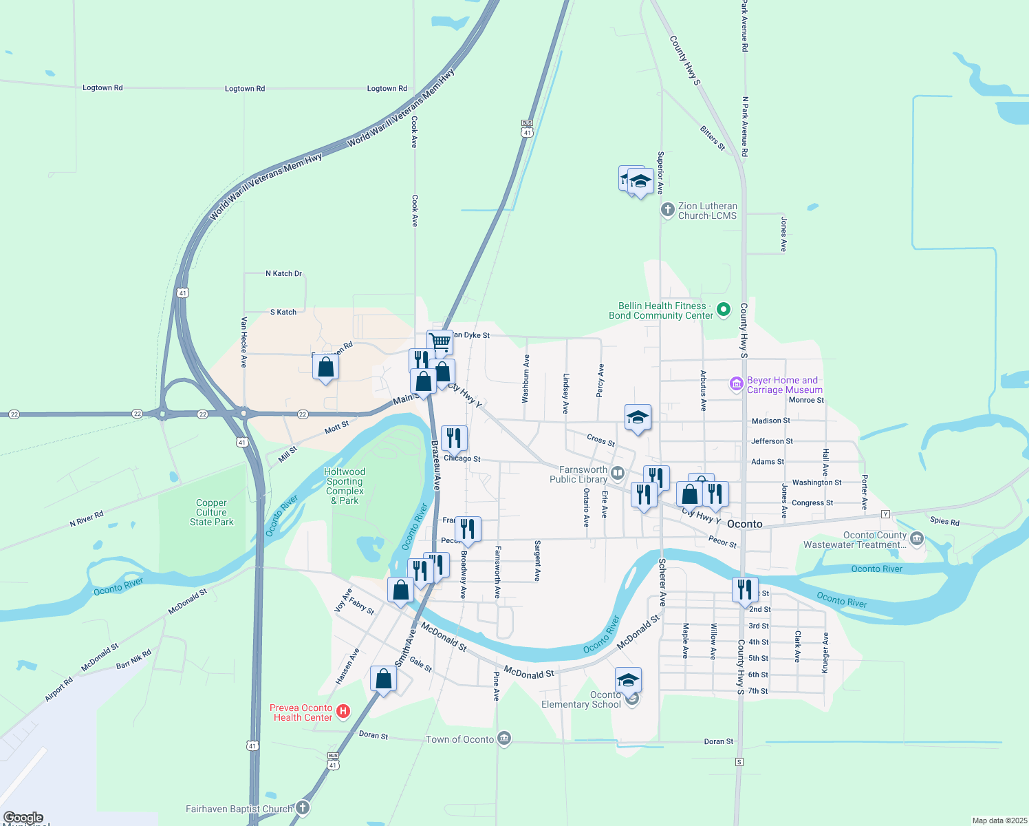 map of restaurants, bars, coffee shops, grocery stores, and more near 121 Madison Street in Oconto