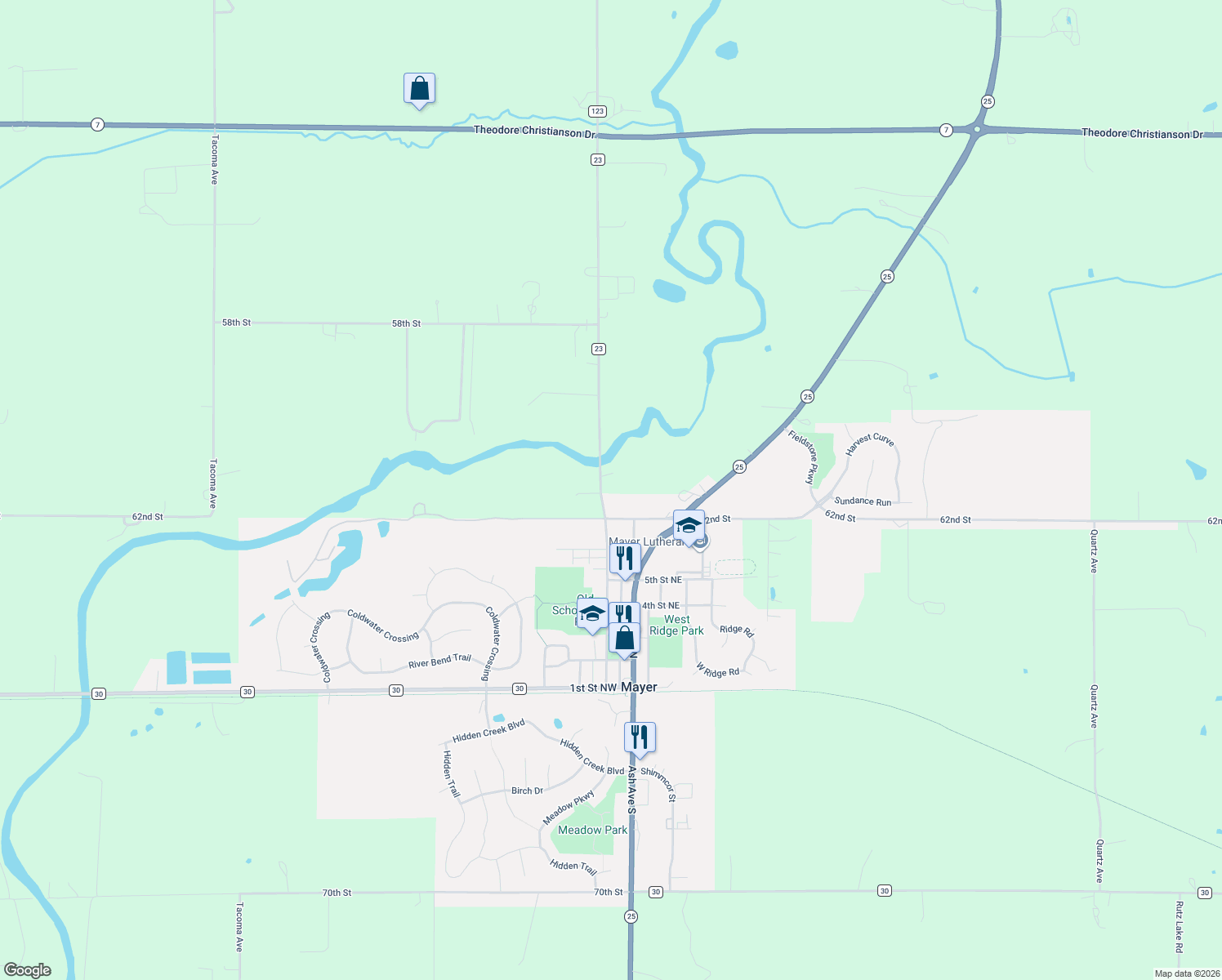 map of restaurants, bars, coffee shops, grocery stores, and more near 6135 County Road 23 in Mayer