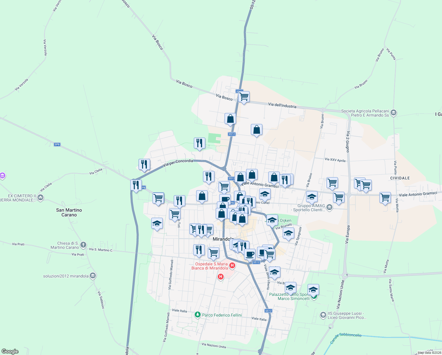 map of restaurants, bars, coffee shops, grocery stores, and more near Via dell'Orto in Mirandola