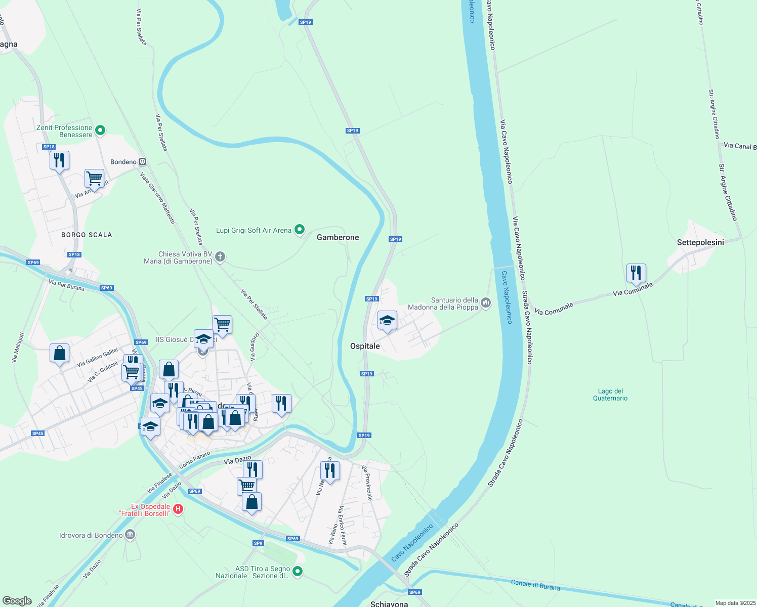 map of restaurants, bars, coffee shops, grocery stores, and more near Via U. Gallini in Bondeno