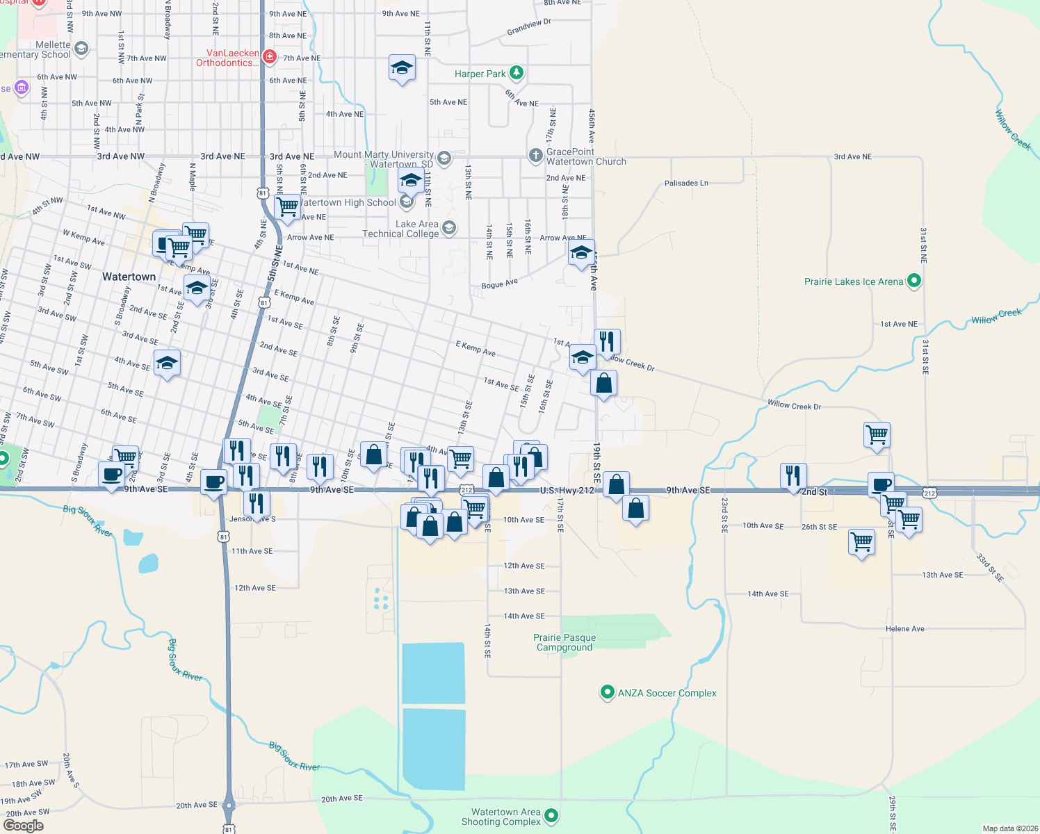 map of restaurants, bars, coffee shops, grocery stores, and more near 198 15th St SE in Watertown