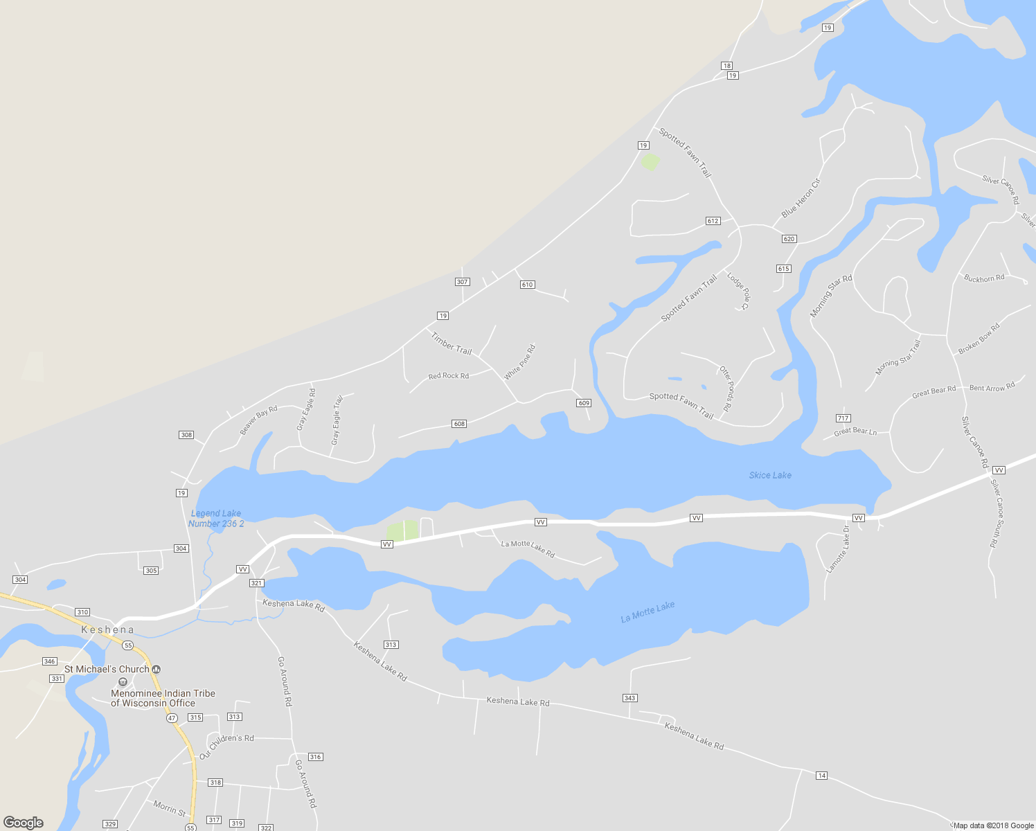 map of restaurants, bars, coffee shops, grocery stores, and more near W2439 Timber Trail in Keshena