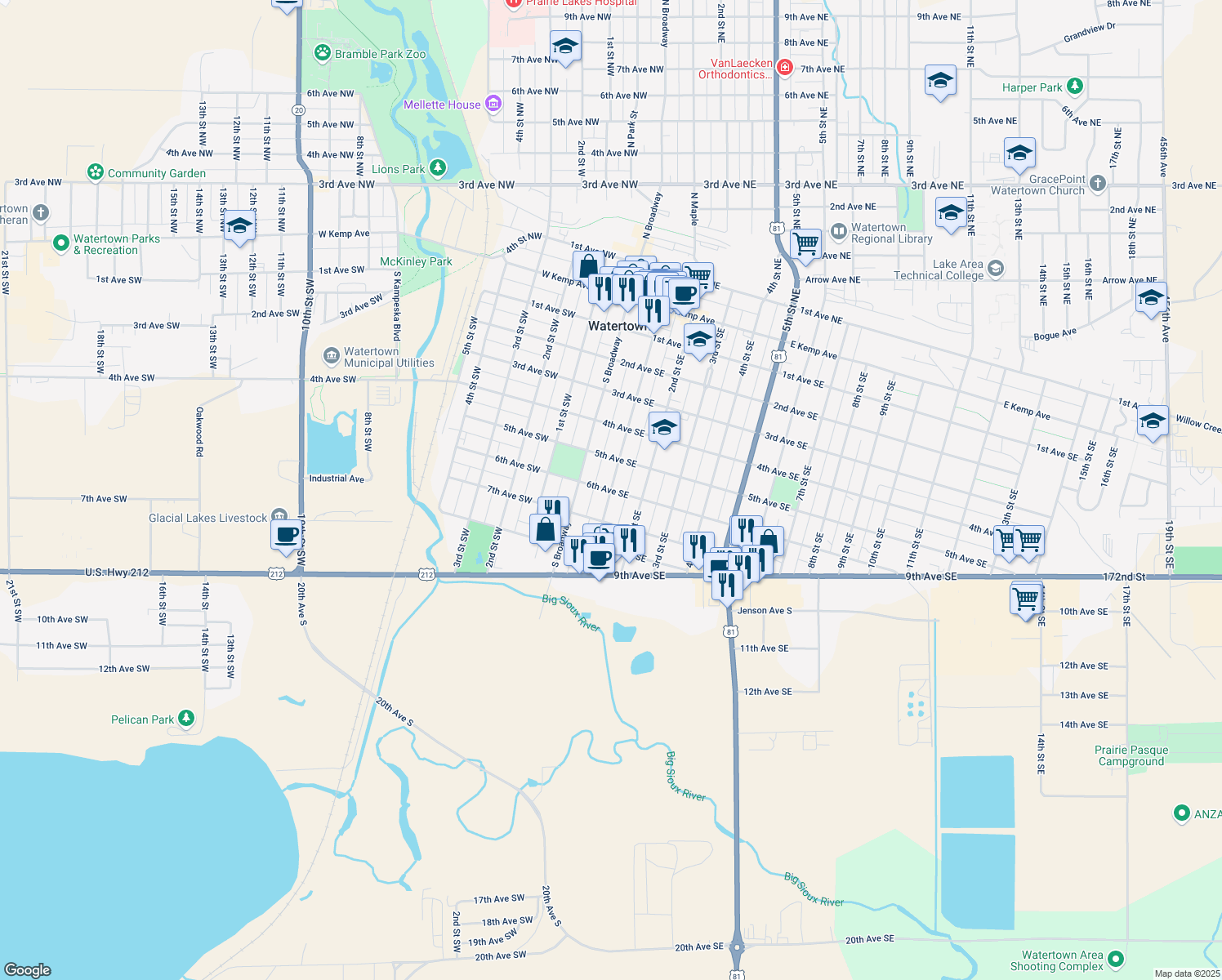 map of restaurants, bars, coffee shops, grocery stores, and more near 99 6th Ave SE in Watertown