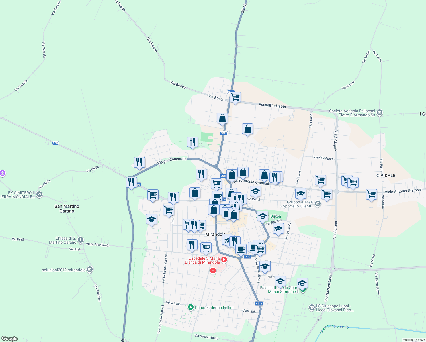 map of restaurants, bars, coffee shops, grocery stores, and more near Via dell'Orto in Mirandola