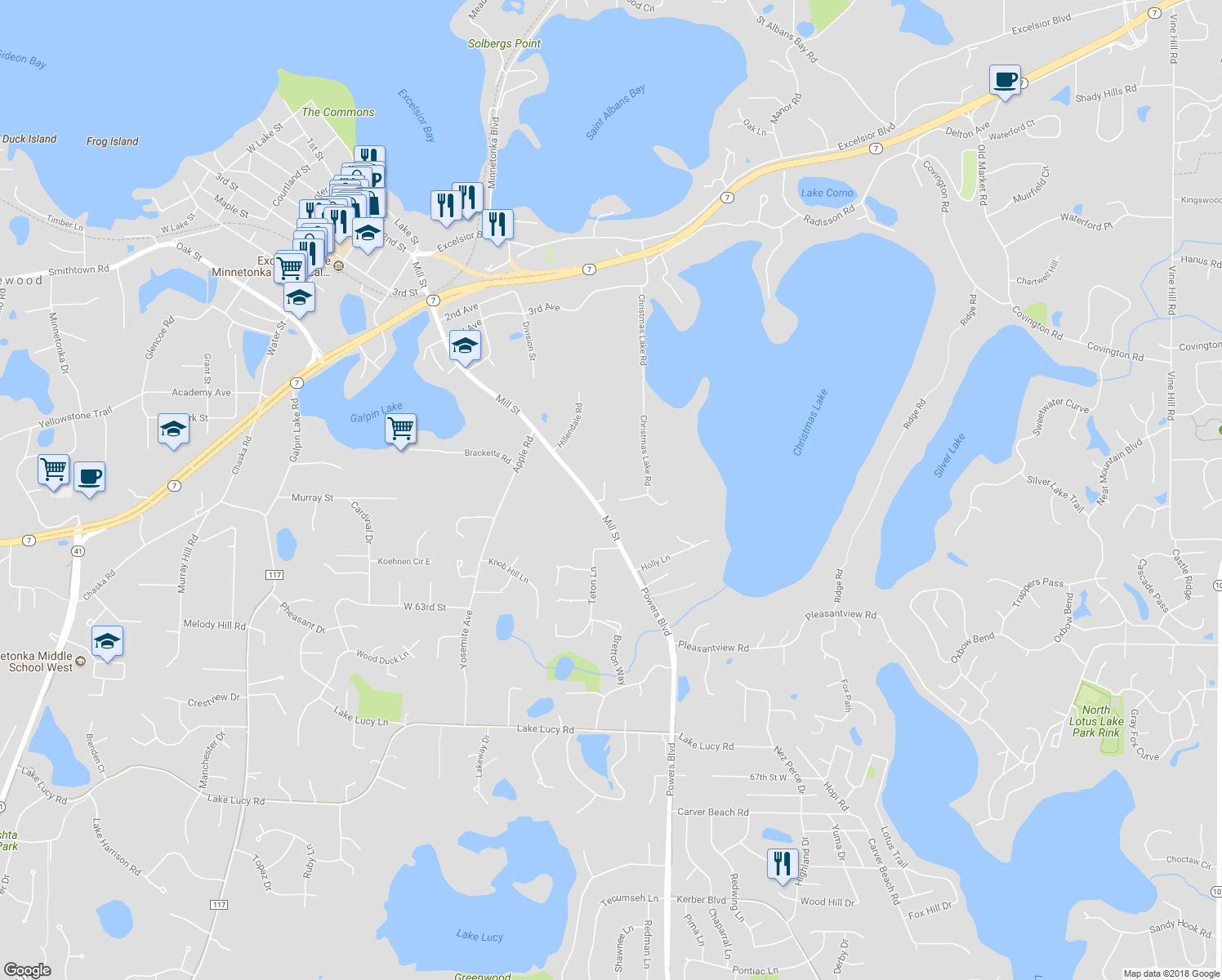 map of restaurants, bars, coffee shops, grocery stores, and more near 6075 Brand Circle in Excelsior