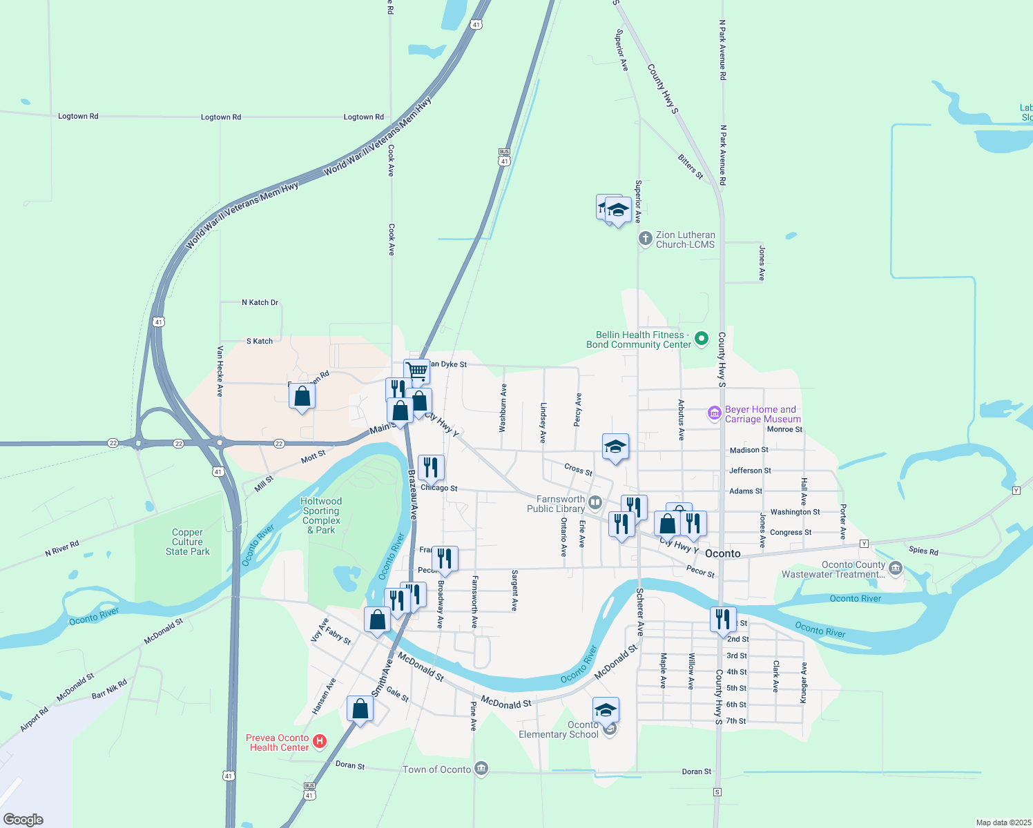 map of restaurants, bars, coffee shops, grocery stores, and more near 153 Luby Avenue in Oconto