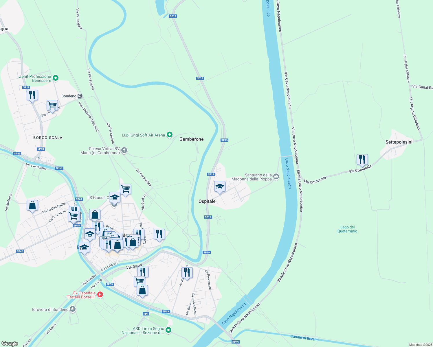 map of restaurants, bars, coffee shops, grocery stores, and more near Via U. Gallini in Bondeno