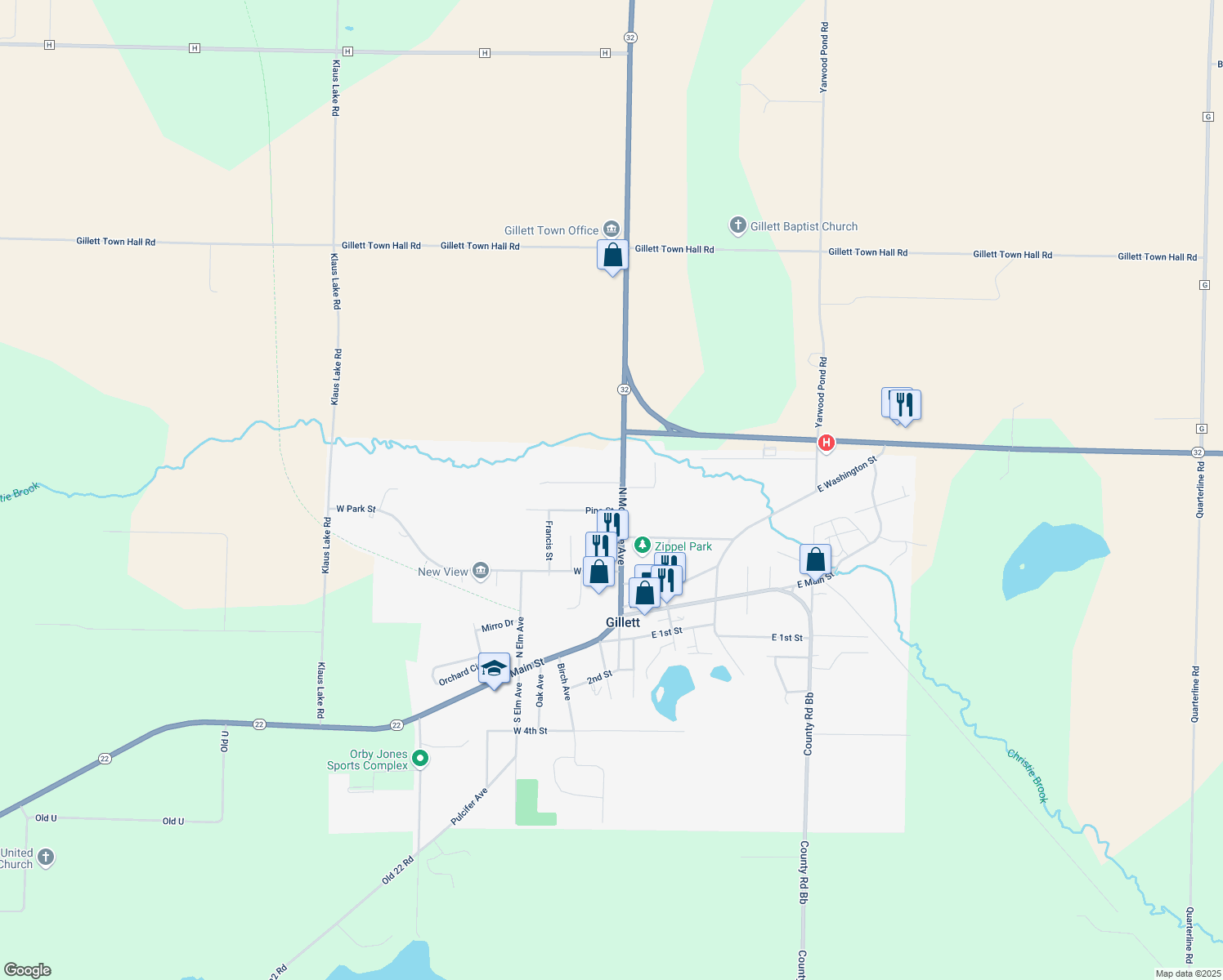 map of restaurants, bars, coffee shops, grocery stores, and more near 108 West Cedar Street in Gillett