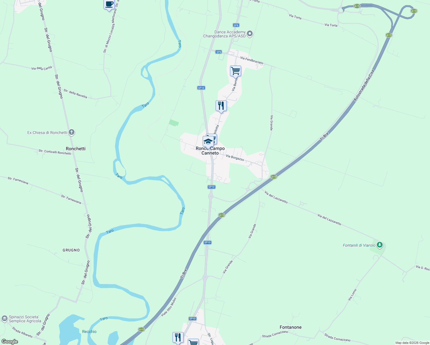 map of restaurants, bars, coffee shops, grocery stores, and more near 7 Via dei Fontanili in Ronco Campo Canneto