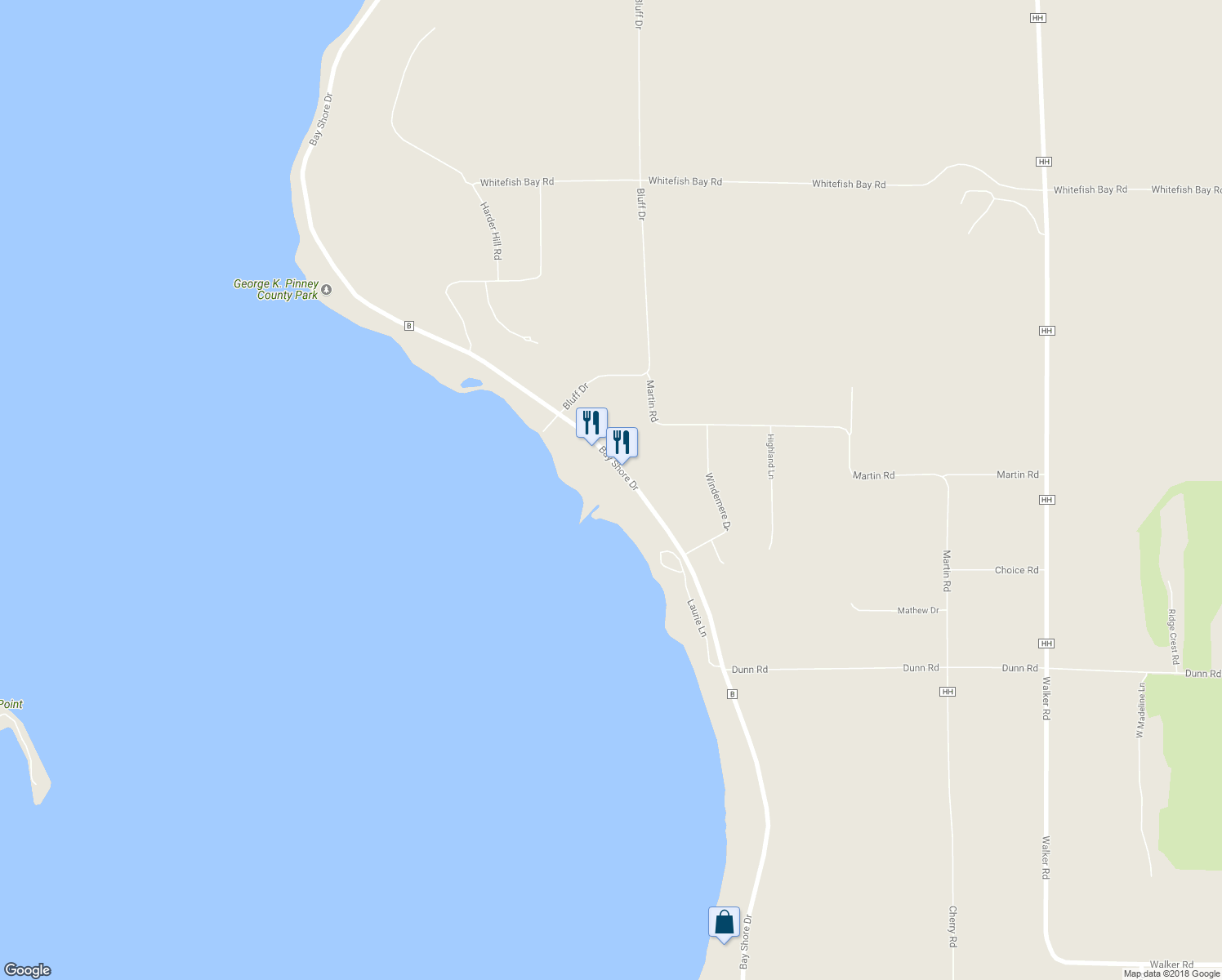 map of restaurants, bars, coffee shops, grocery stores, and more near 4675 Bay Shore Drive in Sturgeon Bay