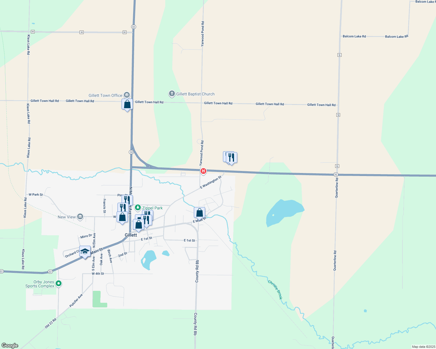 map of restaurants, bars, coffee shops, grocery stores, and more near 545 East Washington Street in Gillett