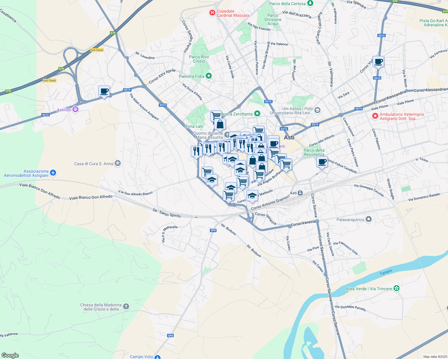 map of restaurants, bars, coffee shops, grocery stores, and more near 5 Via Carmine in Asti