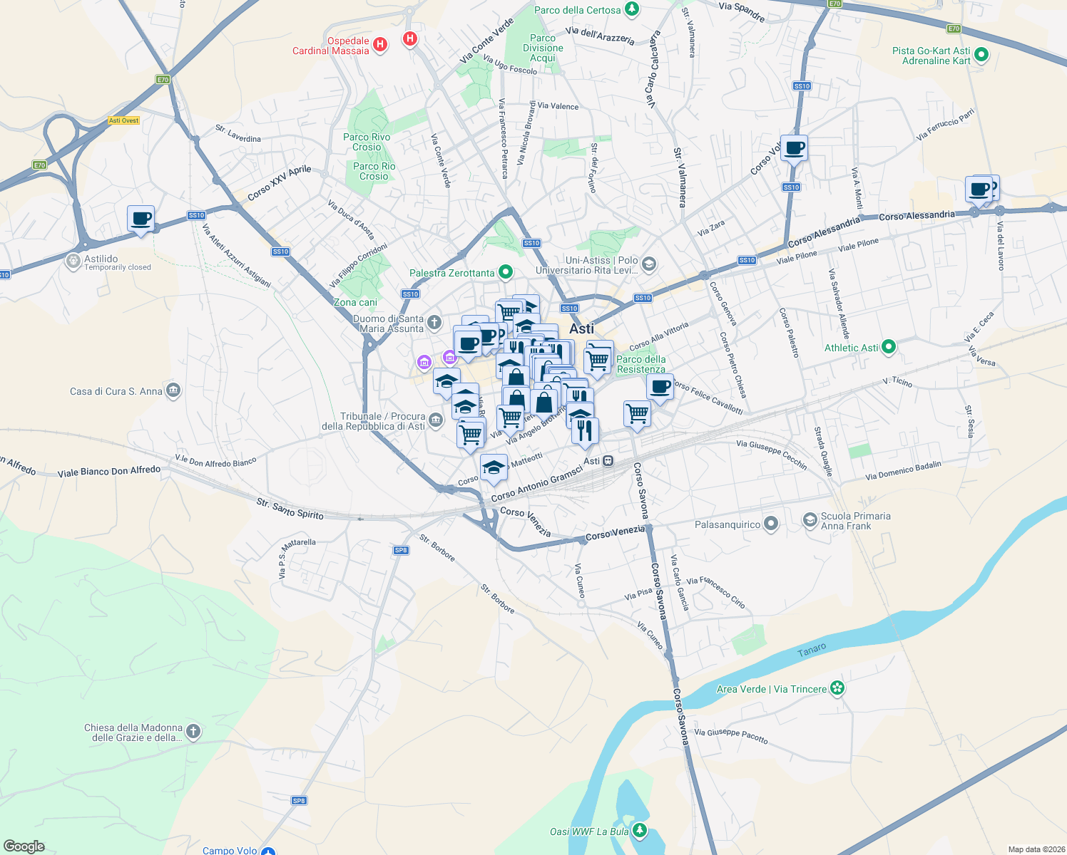 map of restaurants, bars, coffee shops, grocery stores, and more near 107 Via Angelo Brofferio in Asti