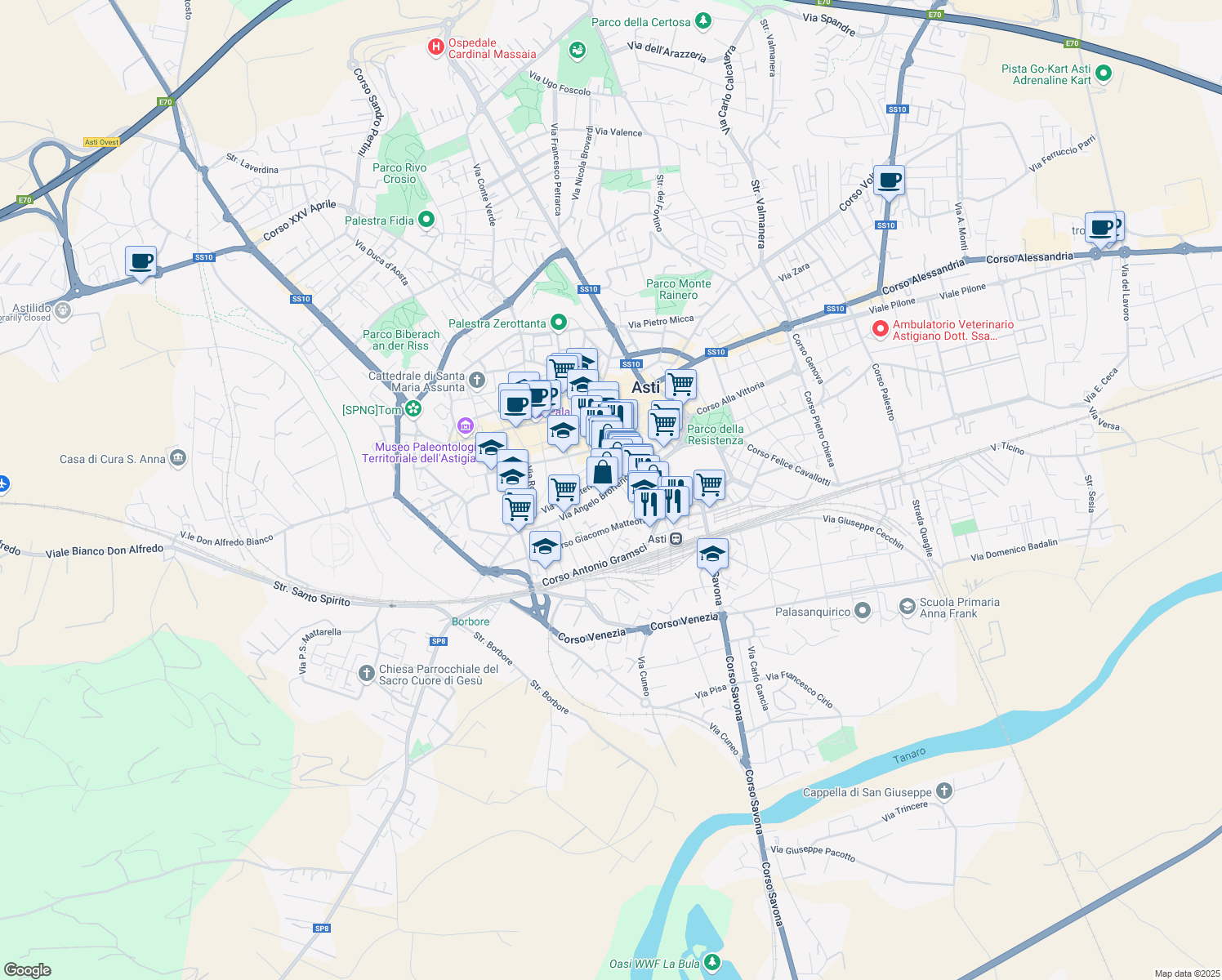 map of restaurants, bars, coffee shops, grocery stores, and more near 70 Via Angelo Brofferio in Asti