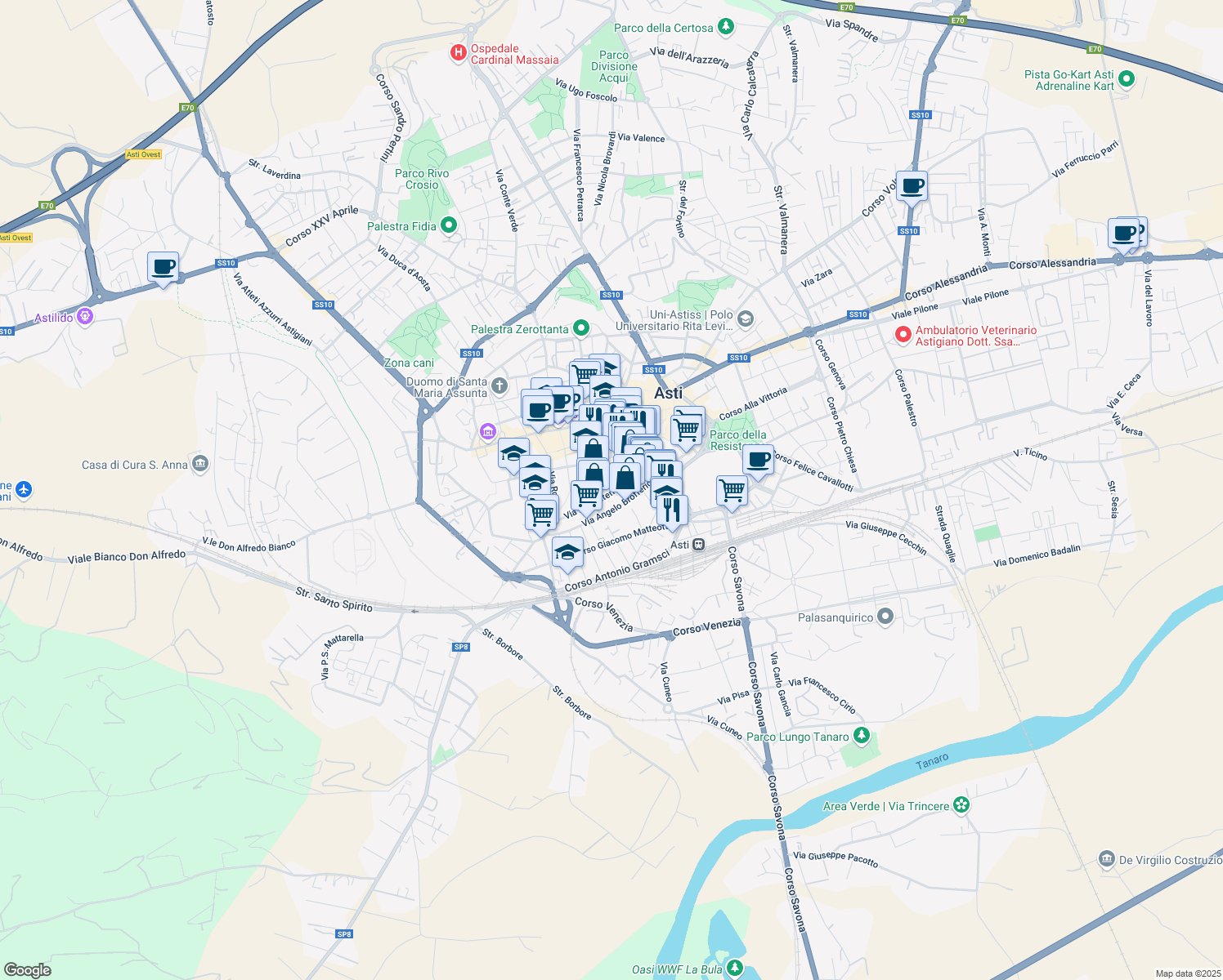 map of restaurants, bars, coffee shops, grocery stores, and more near 44-70 Via Angelo Brofferio in Asti
