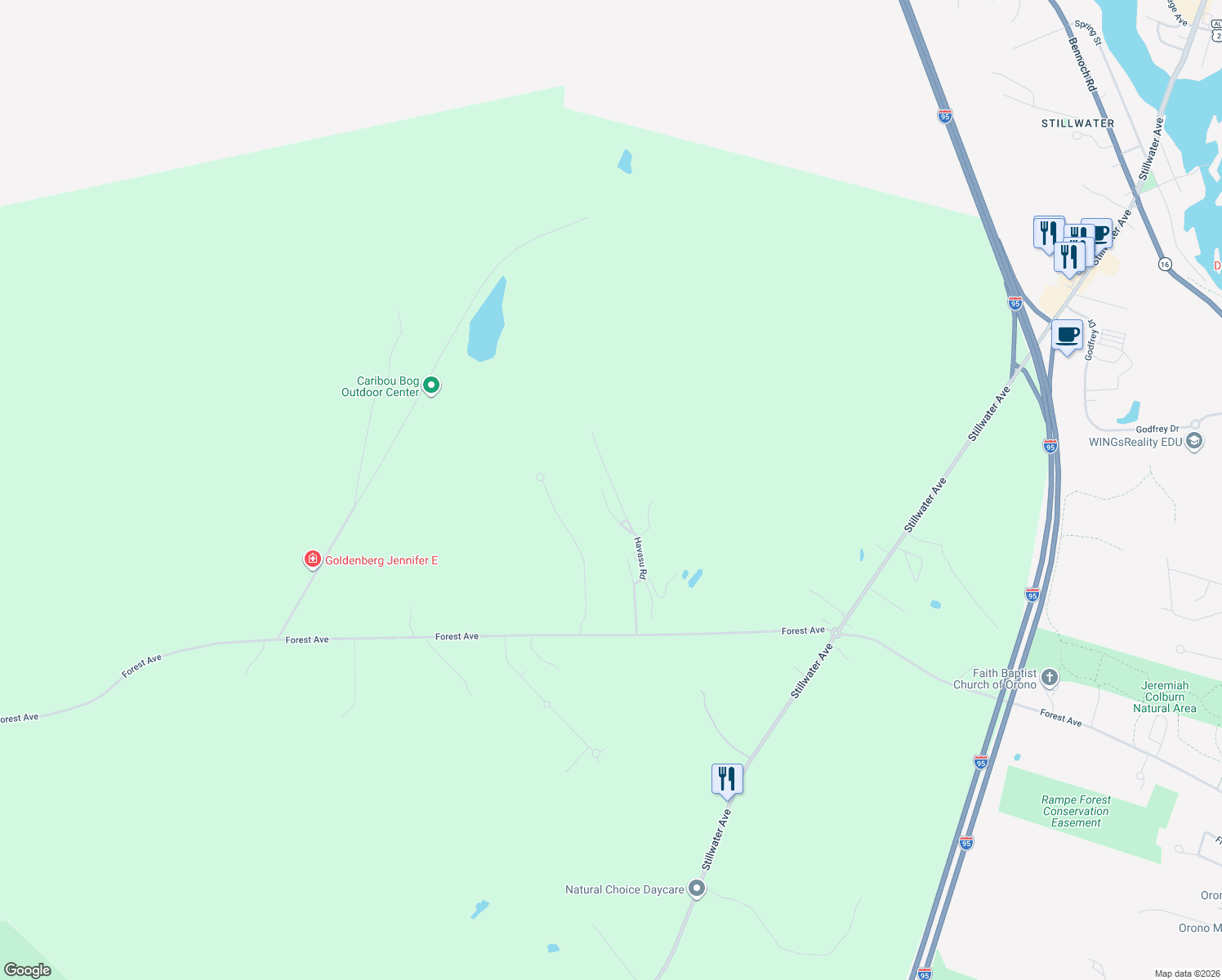 map of restaurants, bars, coffee shops, grocery stores, and more near 130 Havasu Road in Orono