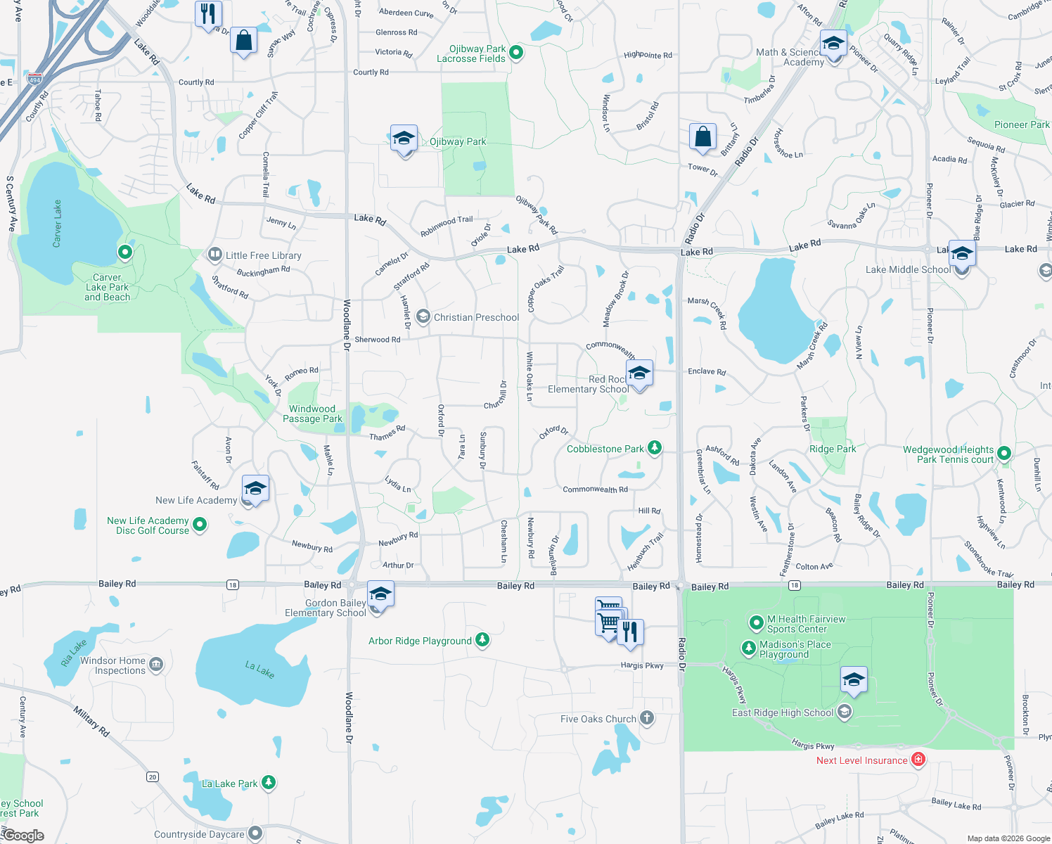 map of restaurants, bars, coffee shops, grocery stores, and more near 3829 Oxford Echo in Woodbury
