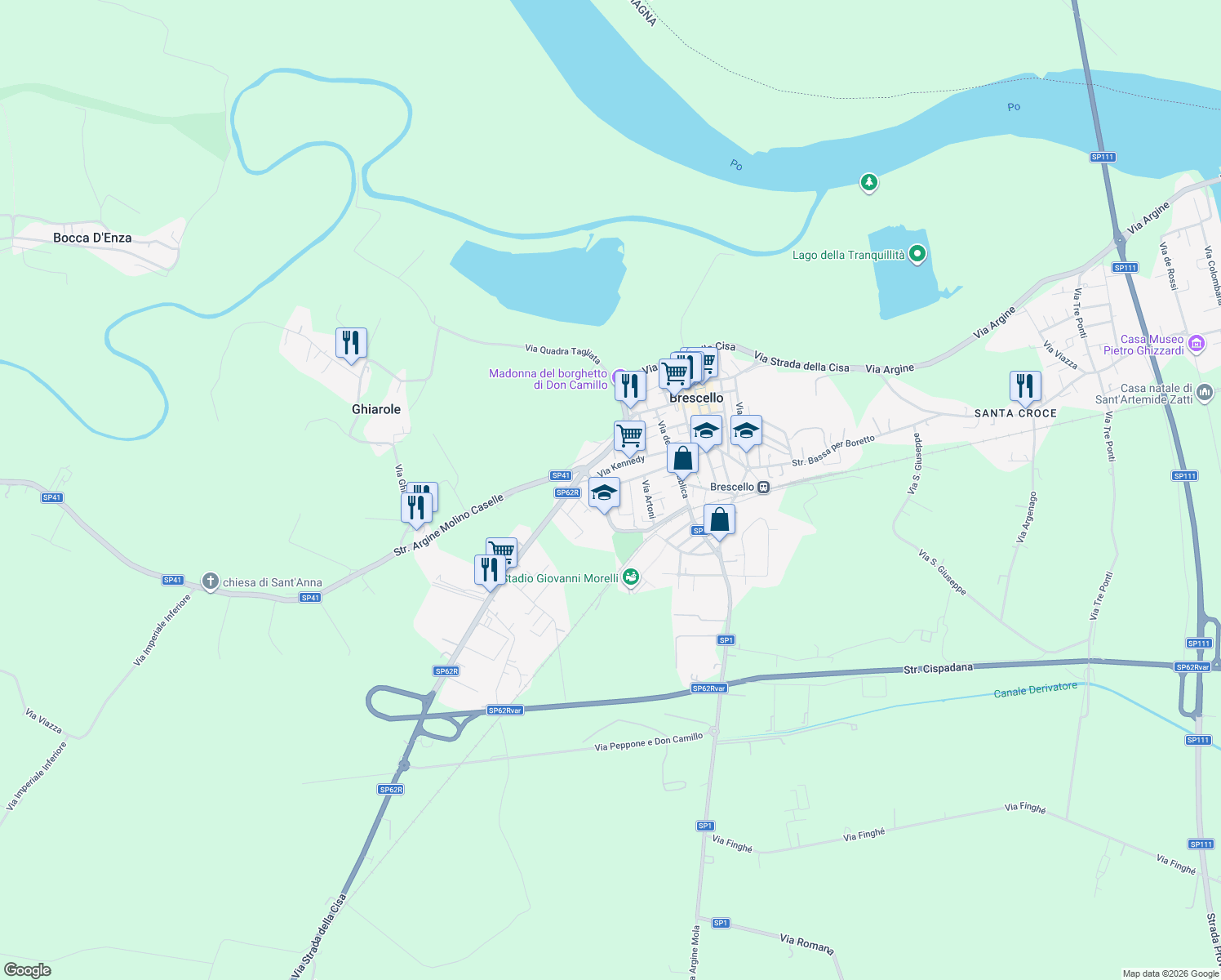 map of restaurants, bars, coffee shops, grocery stores, and more near 23 Via M. L. King in Brescello