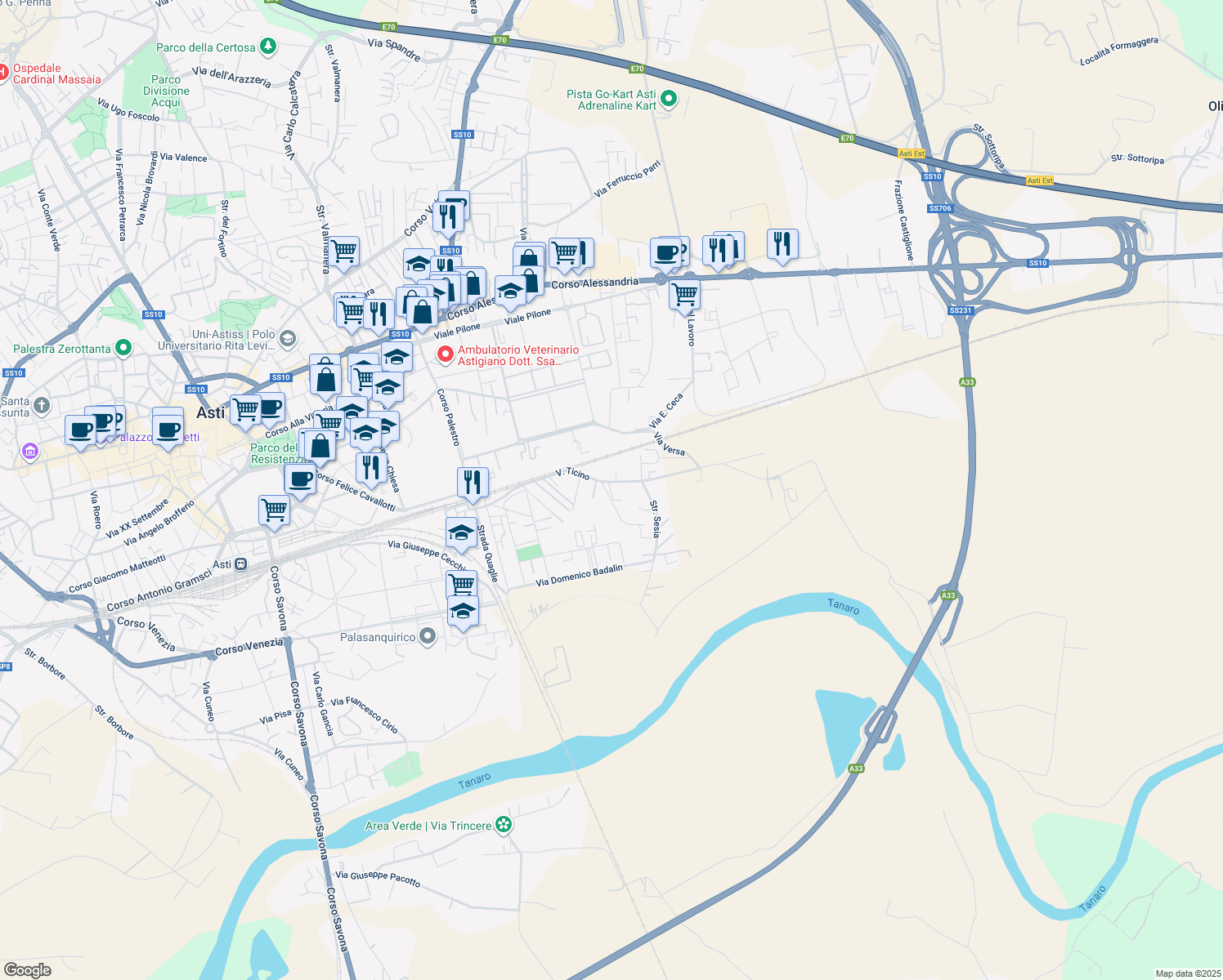 map of restaurants, bars, coffee shops, grocery stores, and more near 2 Via Belbo in Asti