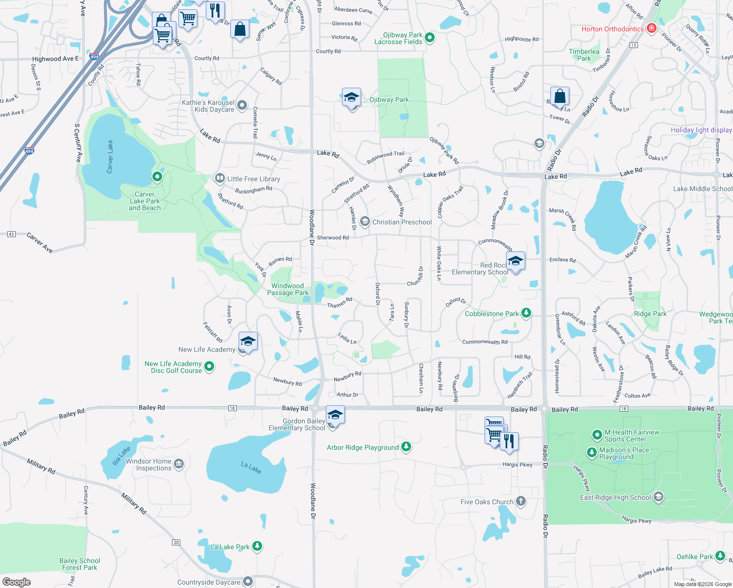 map of restaurants, bars, coffee shops, grocery stores, and more near 7208 Thames Circle in Woodbury