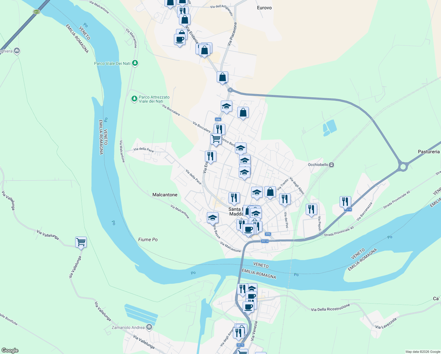 map of restaurants, bars, coffee shops, grocery stores, and more near 3 Via Martiri di Villamarzana in Santa Maria Maddalena