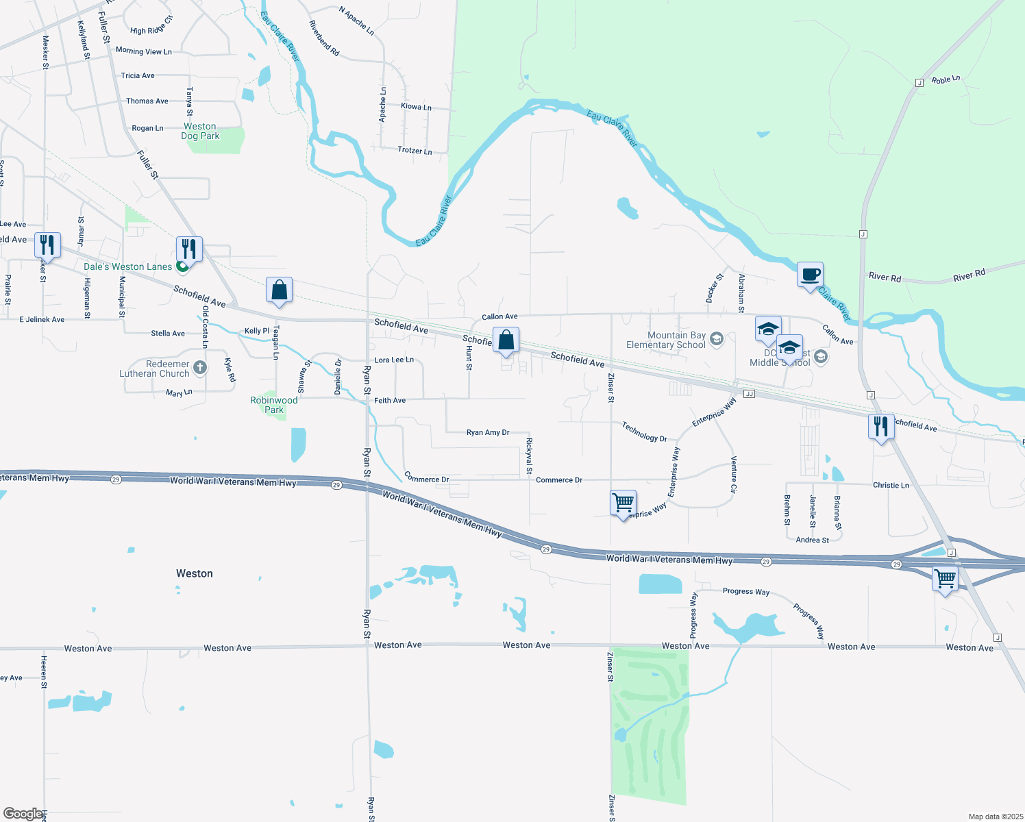 map of restaurants, bars, coffee shops, grocery stores, and more near 7603 Feith Ave in Weston