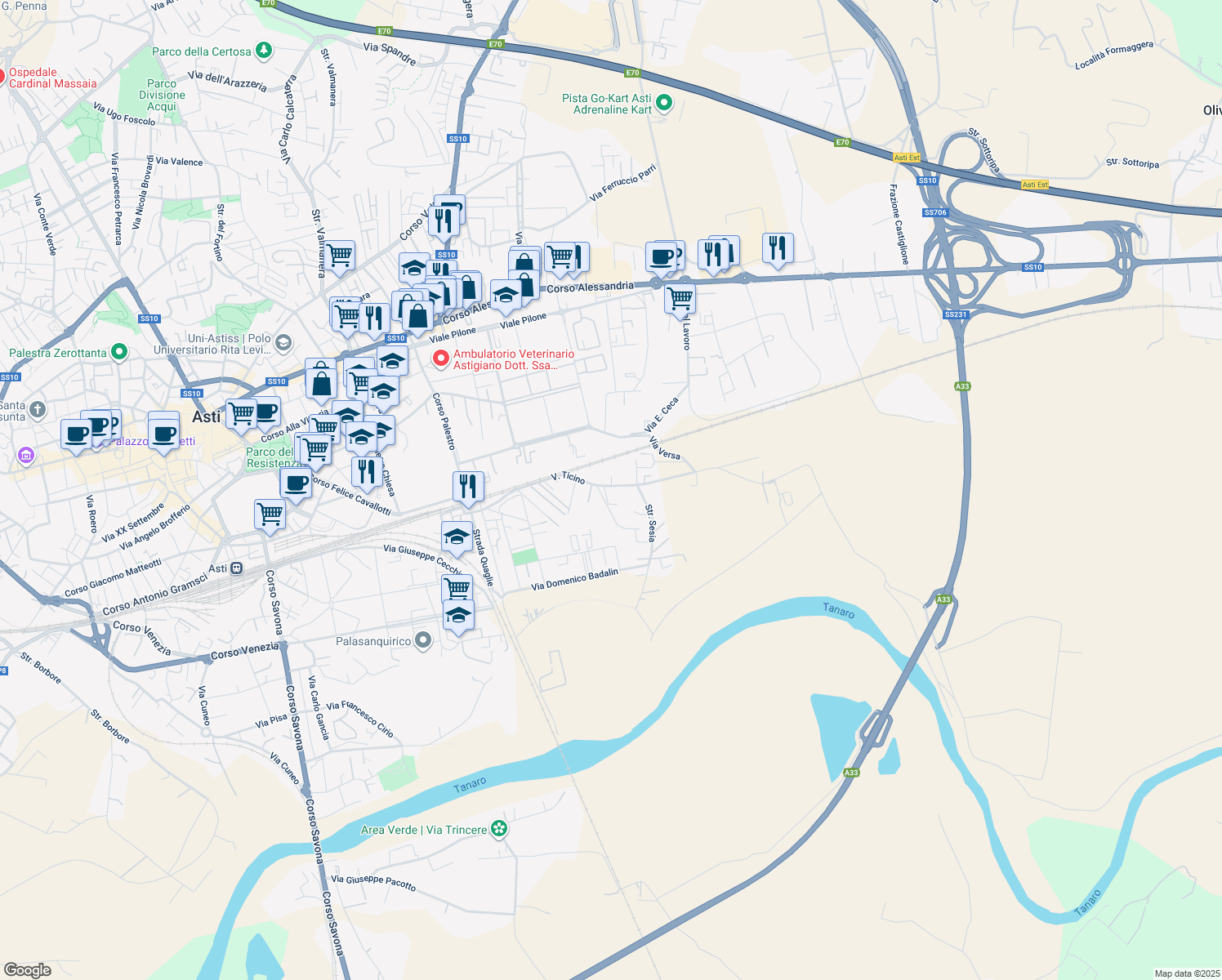 map of restaurants, bars, coffee shops, grocery stores, and more near 2 Via Belbo in Asti