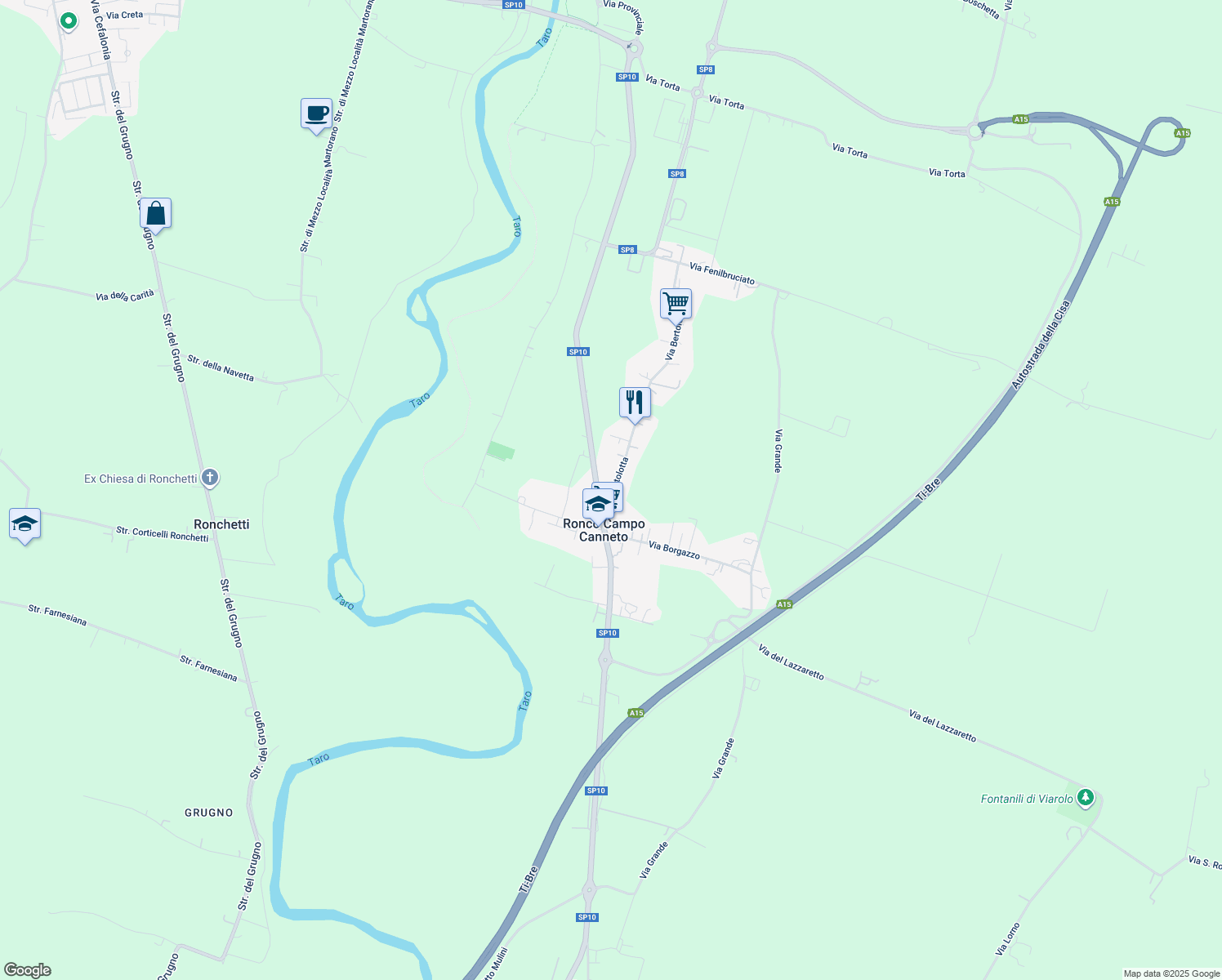 map of restaurants, bars, coffee shops, grocery stores, and more near 9 Via Bertolotta in Ronco Campo Canneto