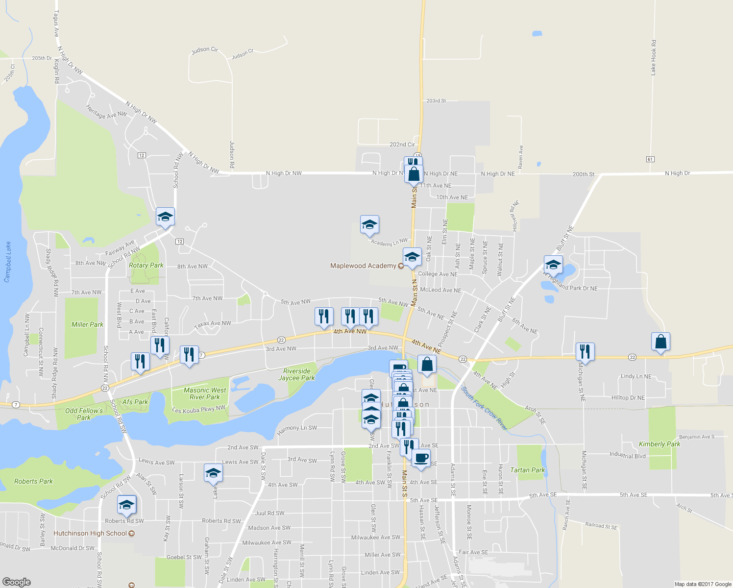 map of restaurants, bars, coffee shops, grocery stores, and more near 105 5th Avenue Northwest in Hutchinson