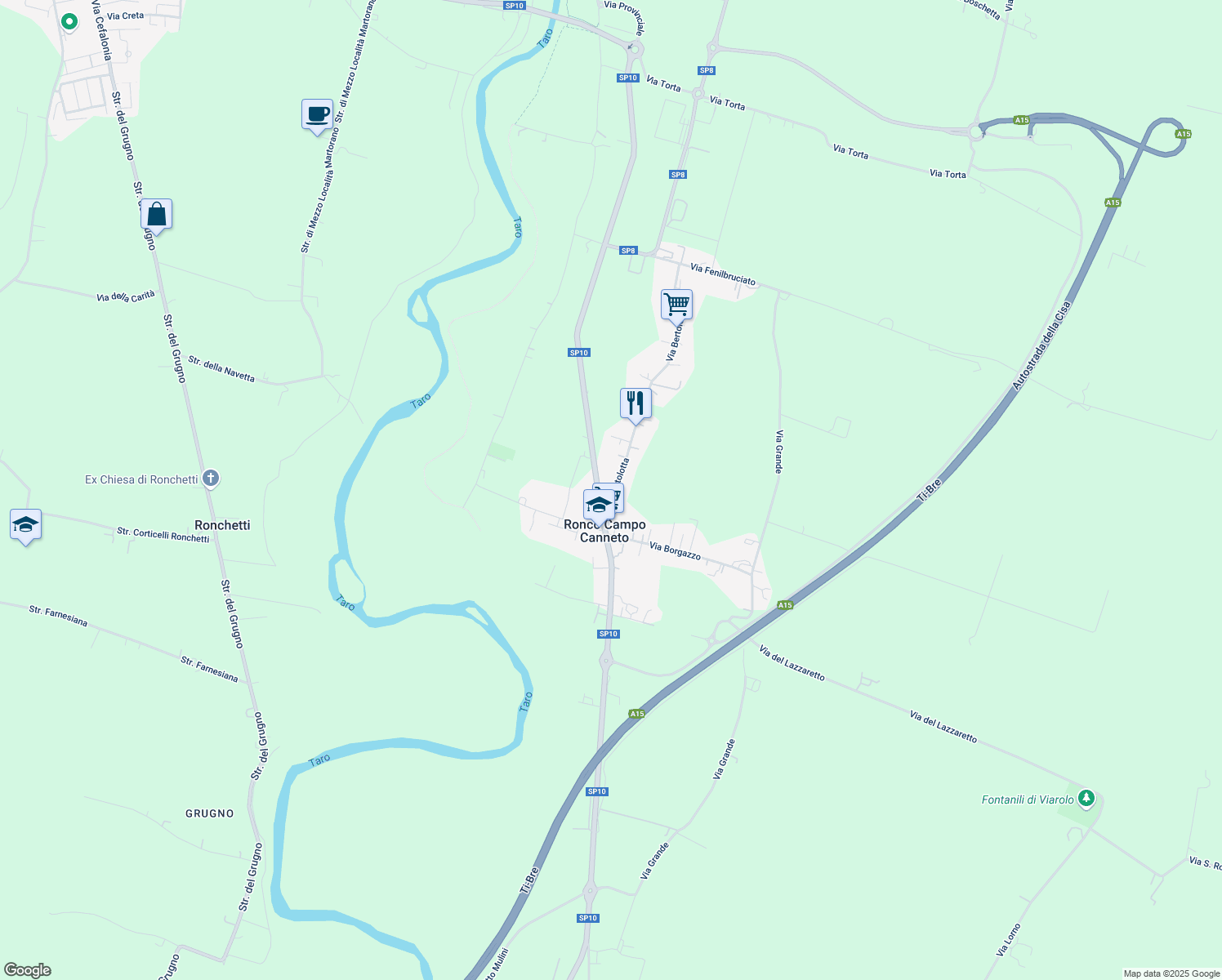 map of restaurants, bars, coffee shops, grocery stores, and more near 9 Via Bertolotta in Ronco Campo Canneto