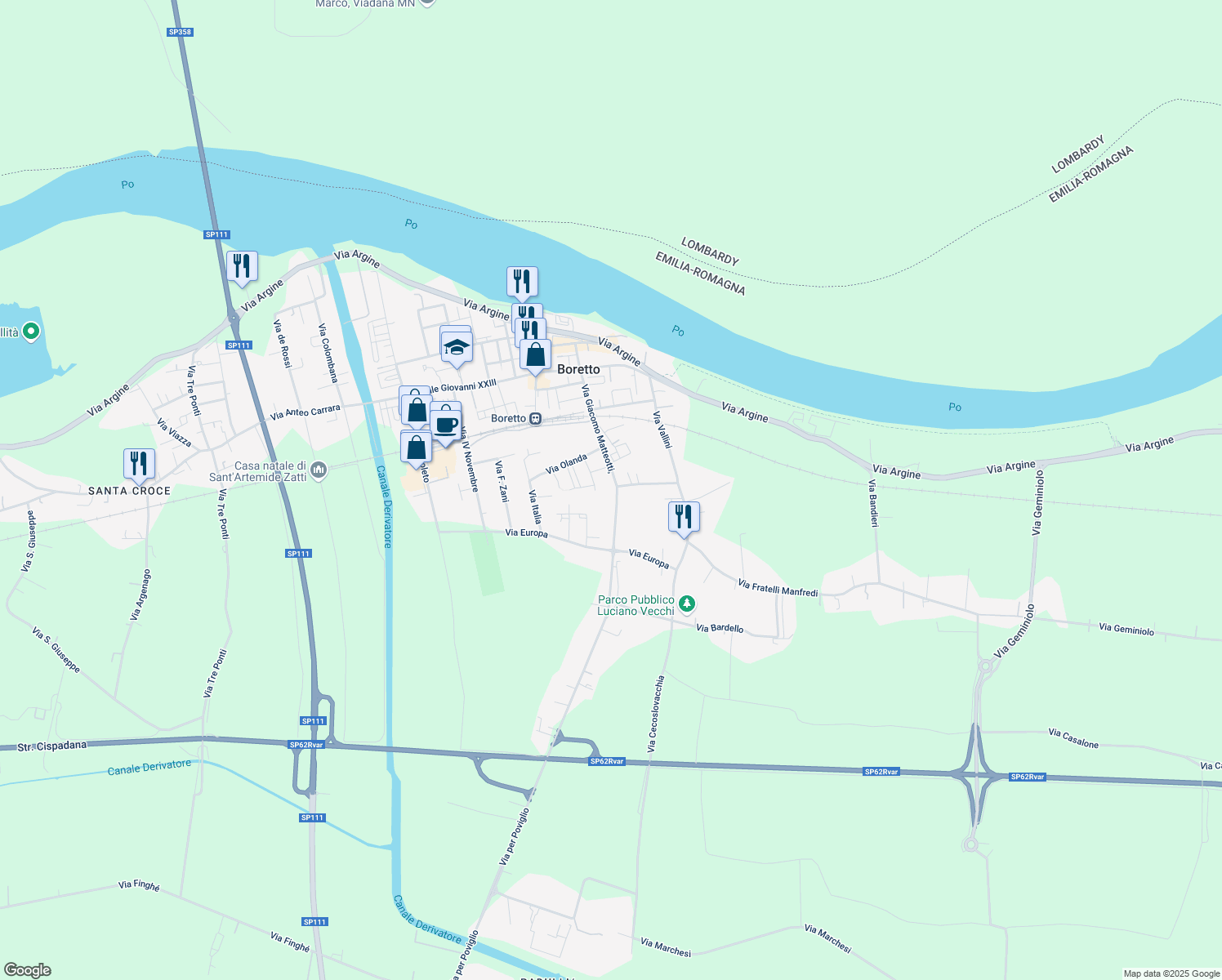 map of restaurants, bars, coffee shops, grocery stores, and more near 5 Via Spagna in Boretto