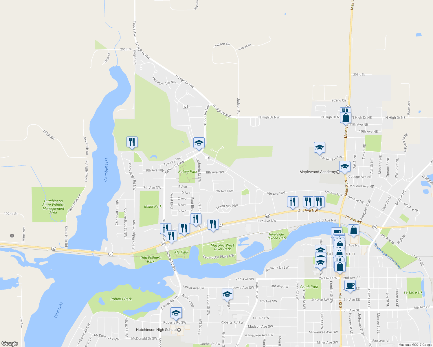 map of restaurants, bars, coffee shops, grocery stores, and more near 950 8th Avenue Northwest in Hutchinson