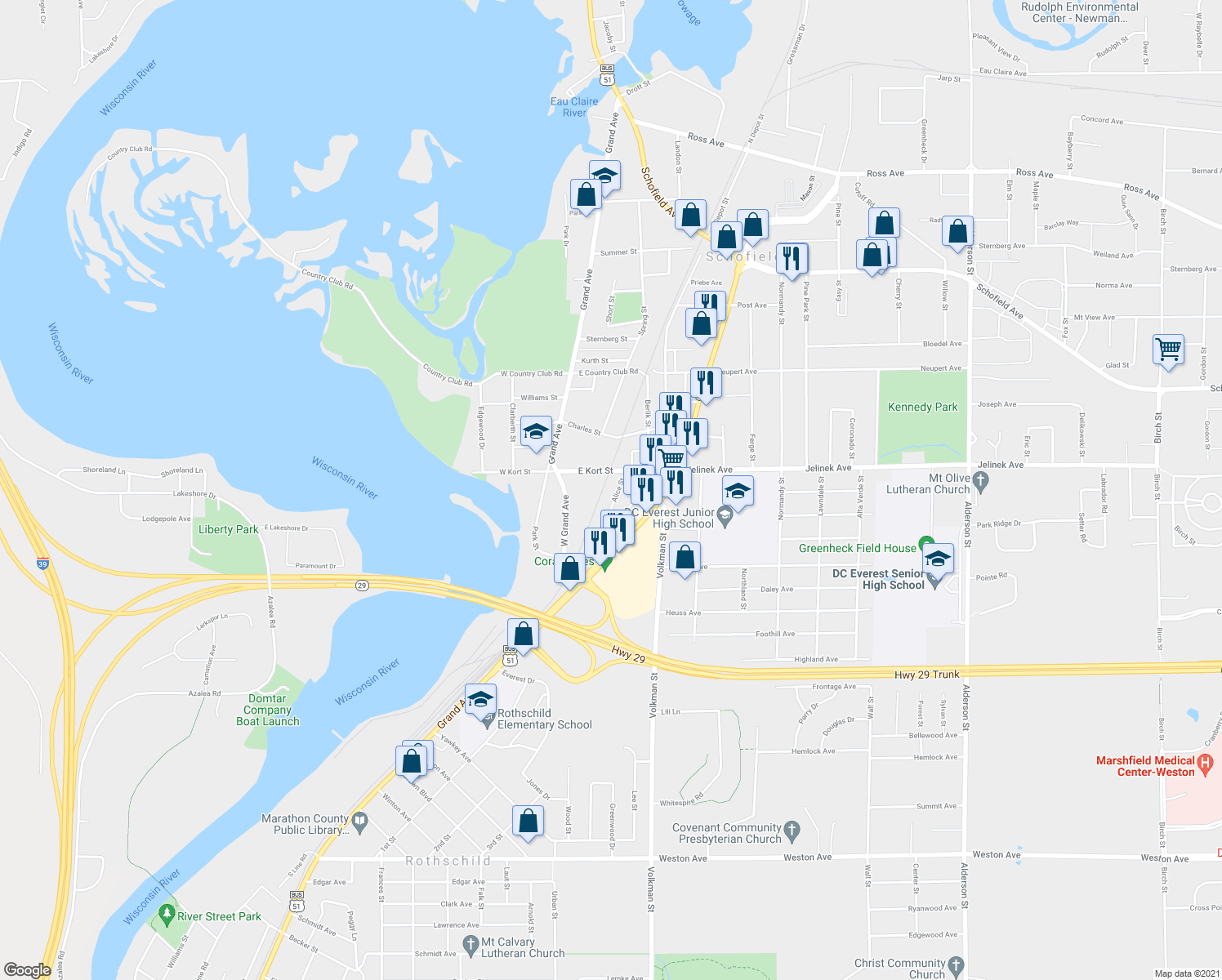 map of restaurants, bars, coffee shops, grocery stores, and more near 1120 Alice St in Rothschild