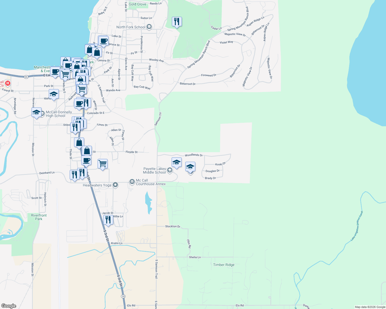 map of restaurants, bars, coffee shops, grocery stores, and more near Woodlands Drive in McCall