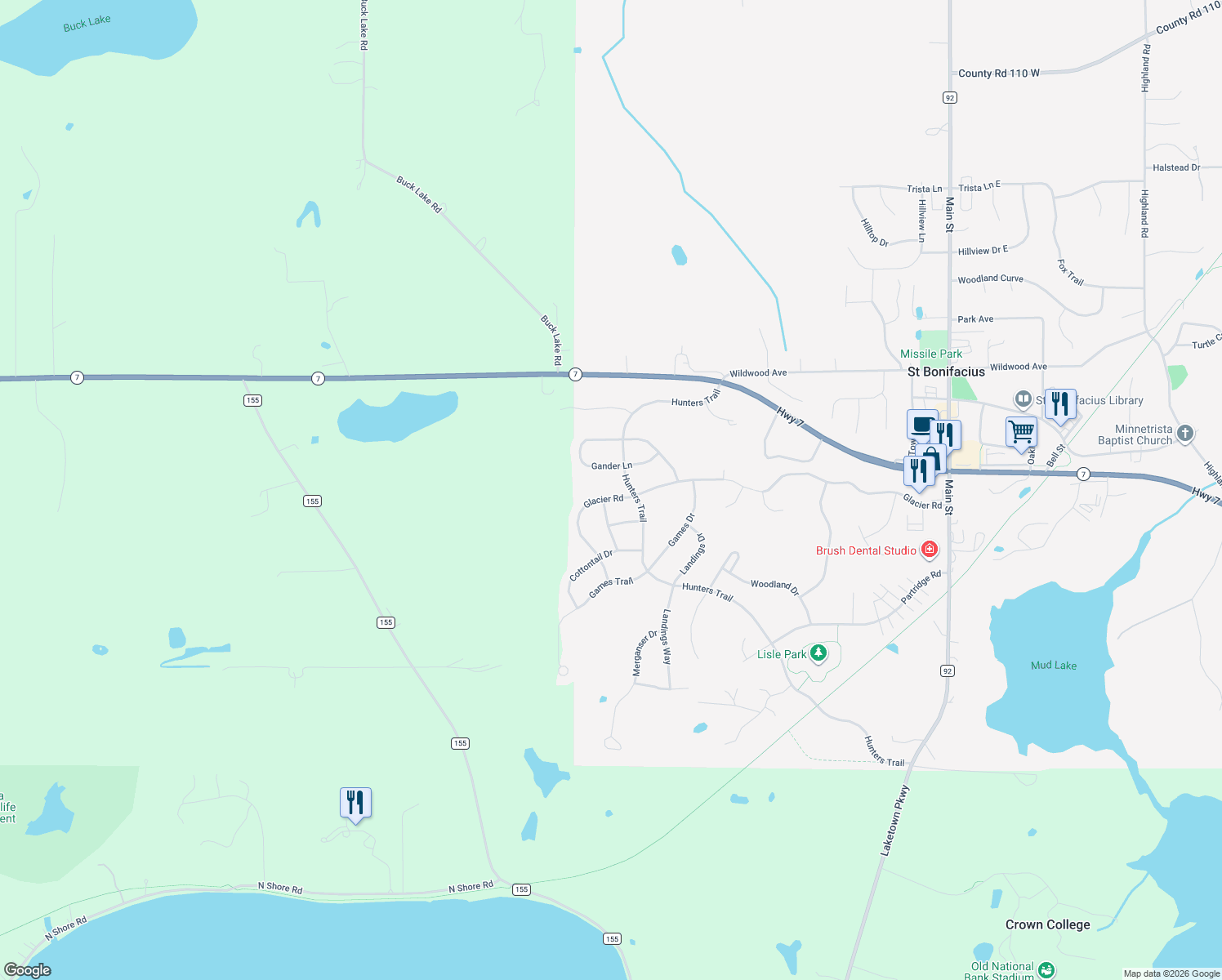 map of restaurants, bars, coffee shops, grocery stores, and more near 9472 Glacier Rd in Minnetrista