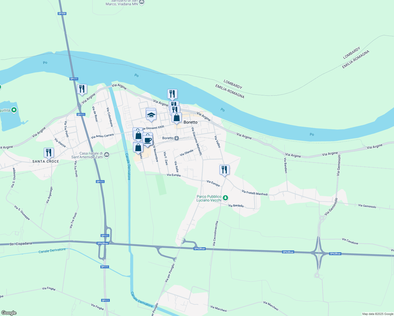 map of restaurants, bars, coffee shops, grocery stores, and more near 5 Via Spagna in Boretto