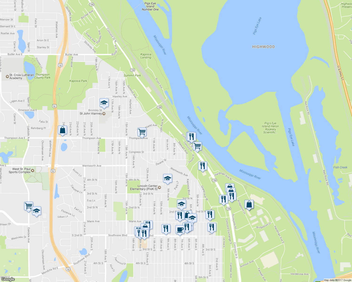 map of restaurants, bars, coffee shops, grocery stores, and more near 663 Stewart Avenue in South Saint Paul