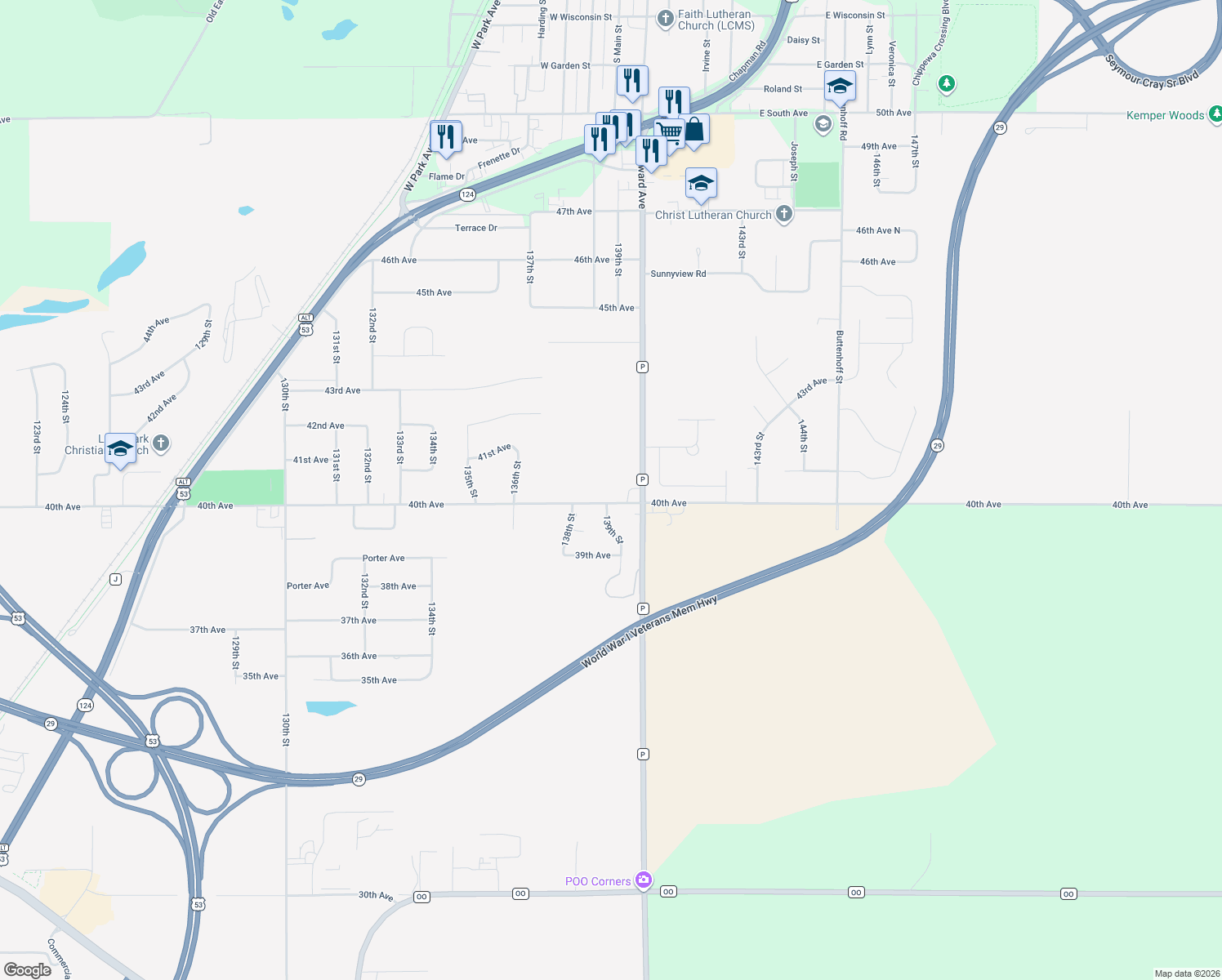 map of restaurants, bars, coffee shops, grocery stores, and more near 13902 40th Avenue in Chippewa Falls
