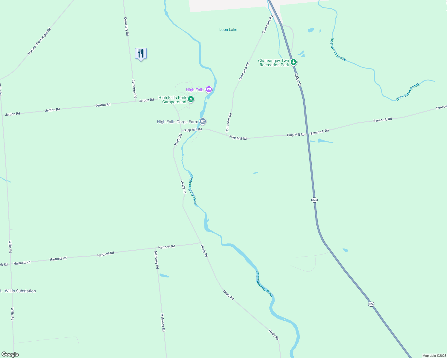 map of restaurants, bars, coffee shops, grocery stores, and more near 92 Pulp Mill Rd in Chateaugay