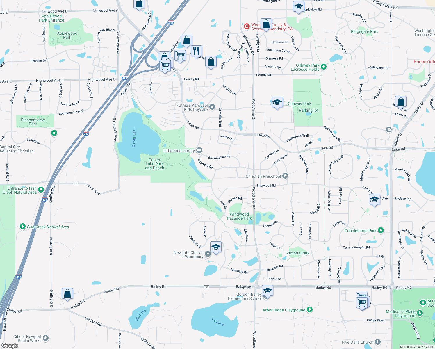 map of restaurants, bars, coffee shops, grocery stores, and more near 3217 York Drive in Woodbury