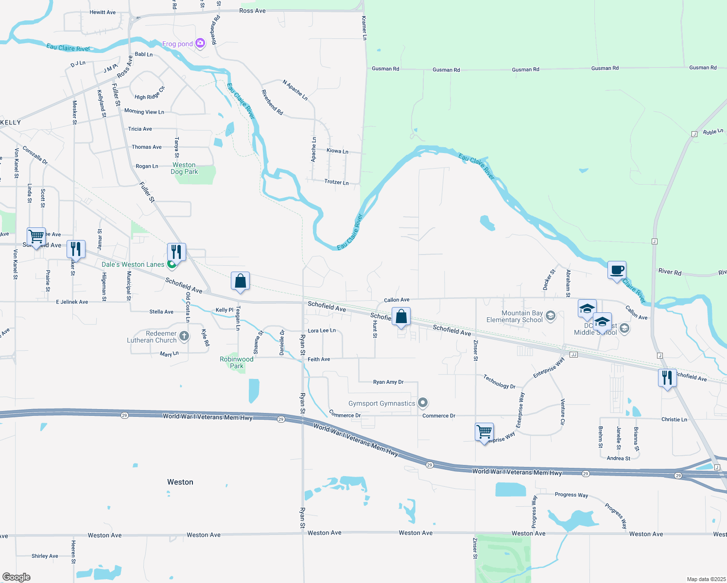 map of restaurants, bars, coffee shops, grocery stores, and more near 7305 Fountain Circle in Schofield