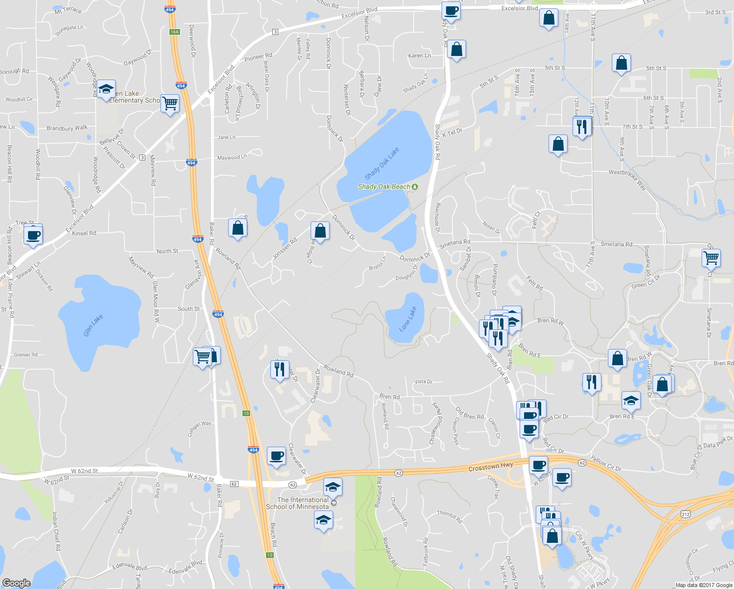 map of restaurants, bars, coffee shops, grocery stores, and more near 5575 Bristol Lane in Minnetonka