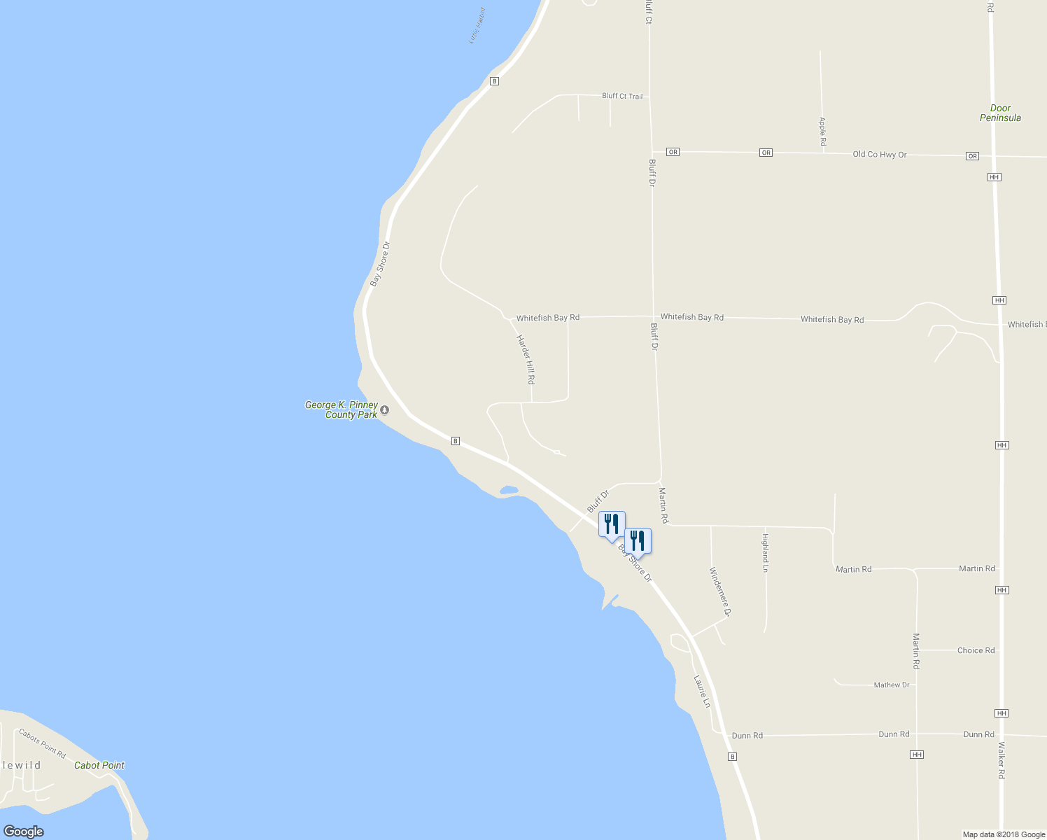 map of restaurants, bars, coffee shops, grocery stores, and more near 4607 Bay Shore Heights Circle in Sturgeon Bay