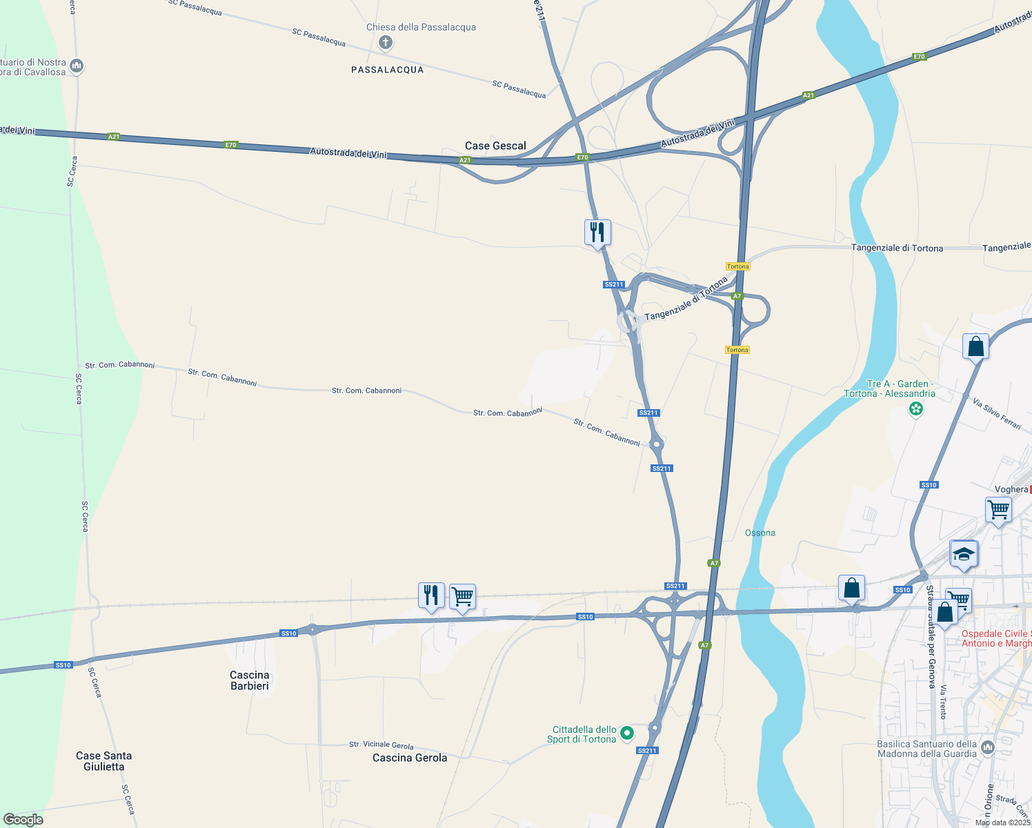map of restaurants, bars, coffee shops, grocery stores, and more near Strada Com. Cabannoni in Tortona