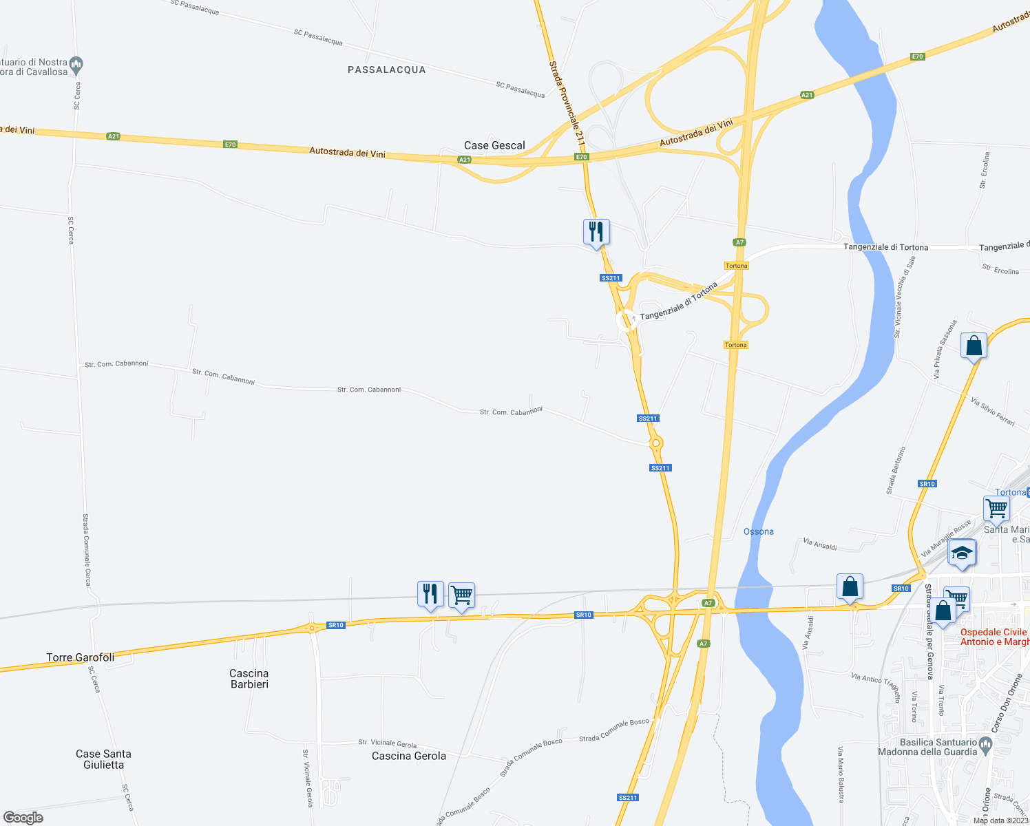 map of restaurants, bars, coffee shops, grocery stores, and more near Strada Com. Cabannoni in Tortona