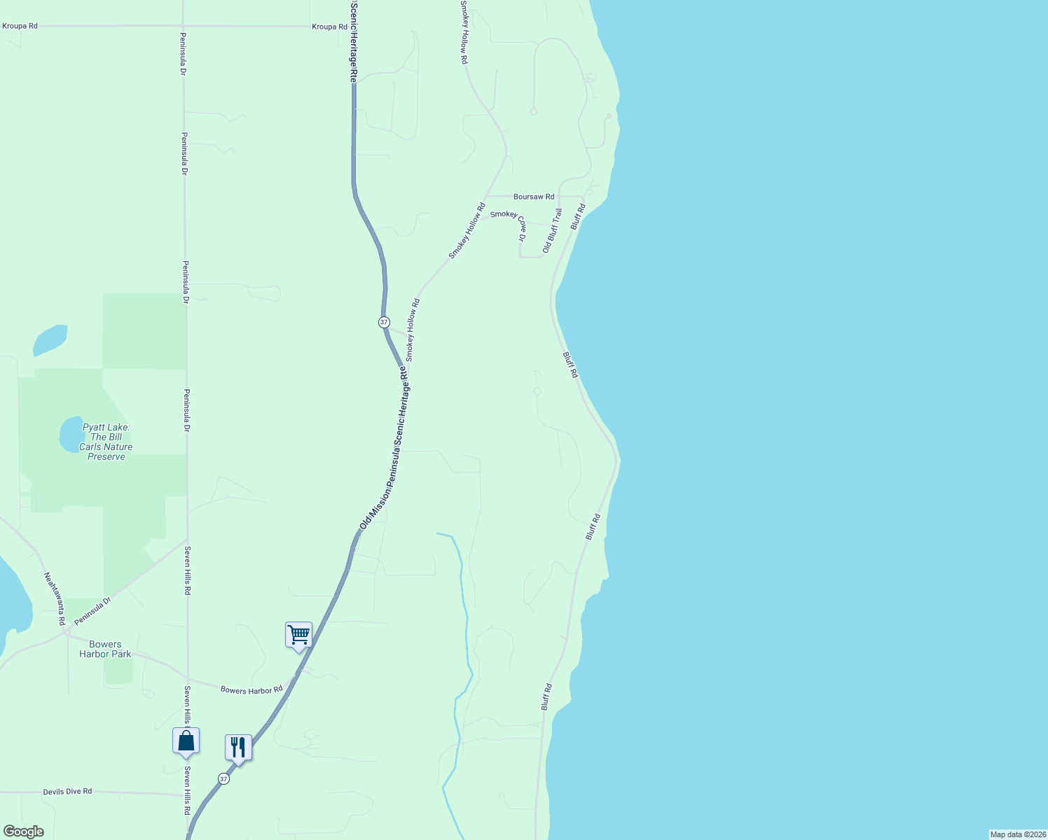 map of restaurants, bars, coffee shops, grocery stores, and more near Mallard Dr N in Traverse City